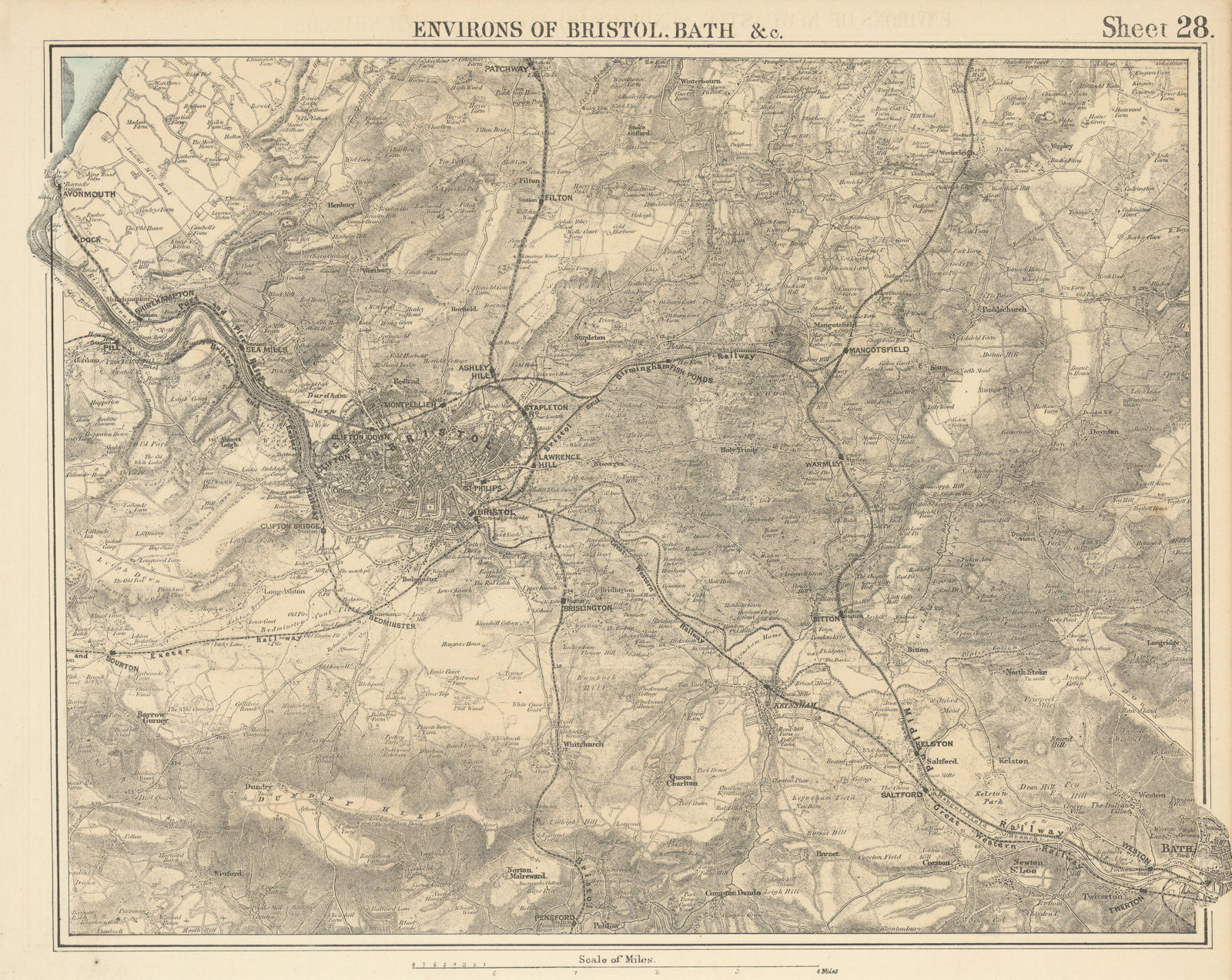 BRISTOL, BATH & environs. South Cotswolds. North Mendips by GW BACON 1883 map