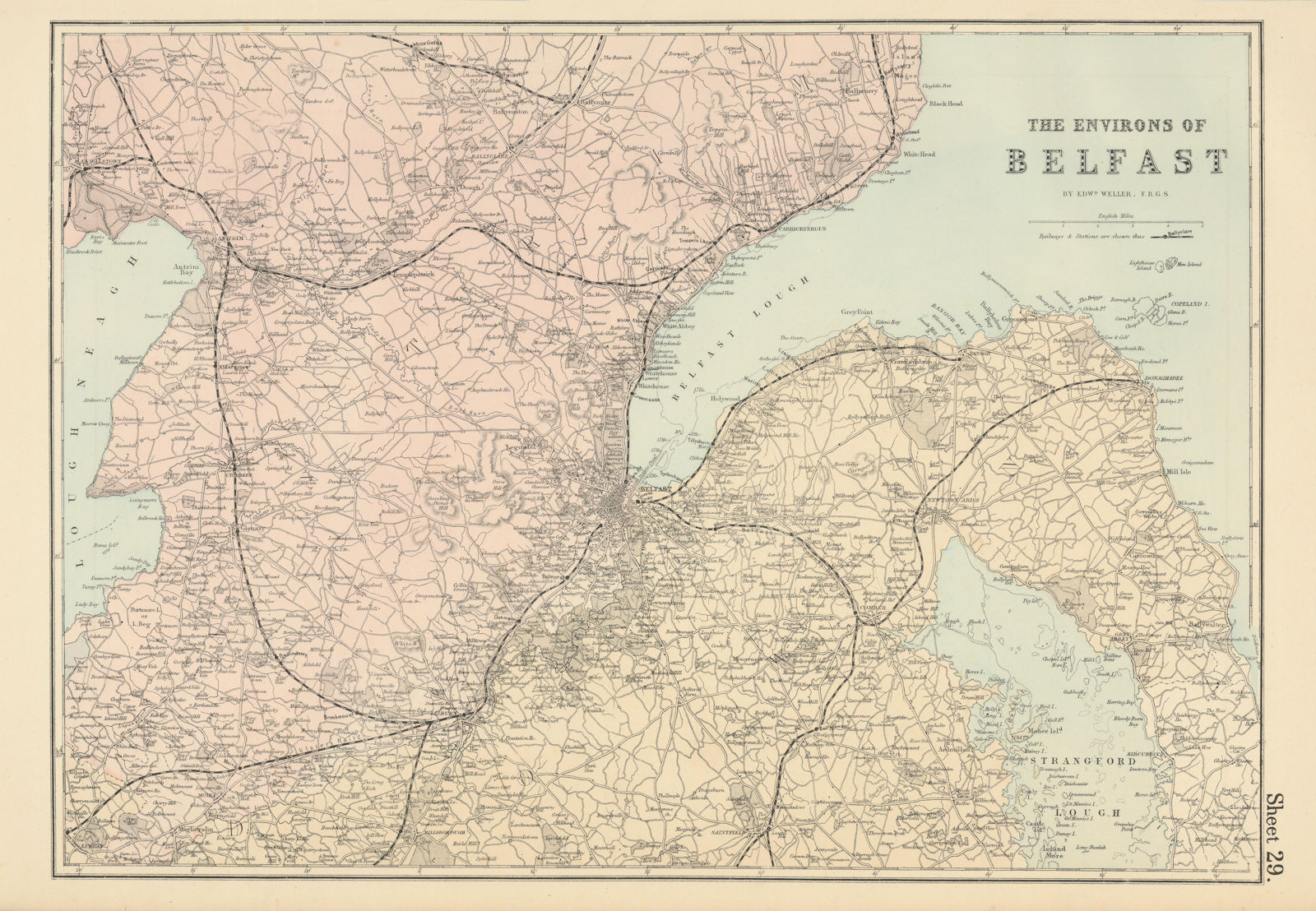 Associate Product BELFAST & environs. Lisburn Antrim Bangor Down. Antique map by GW BACON 1883