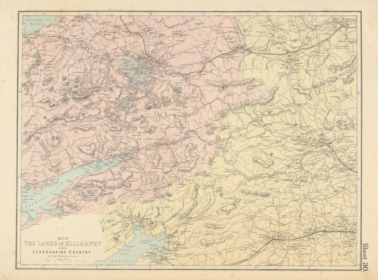 KILLARNEY LAKES Kerry Bantry Kenmare Cork. Antique map by GW BACON 1883