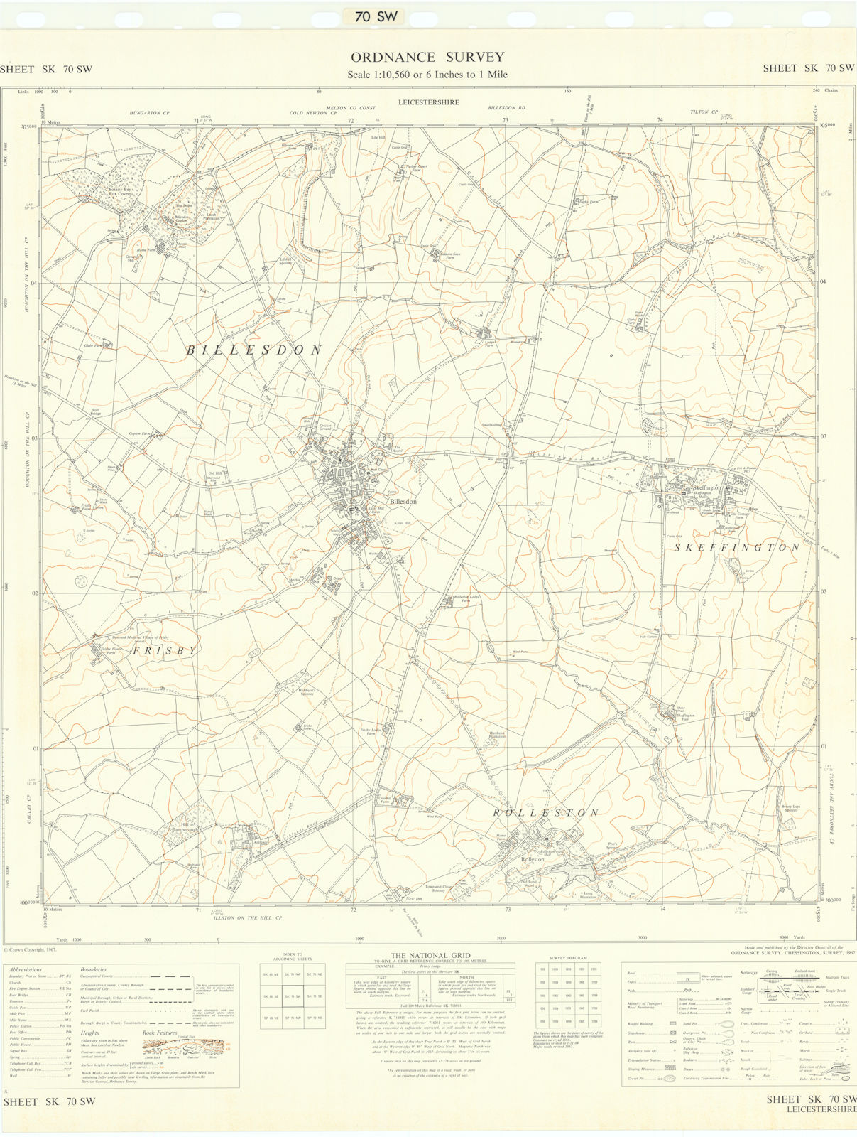 Ordnance Survey SK70SW Leicestershire Billesdon Skeffington Rolleston 1967 map
