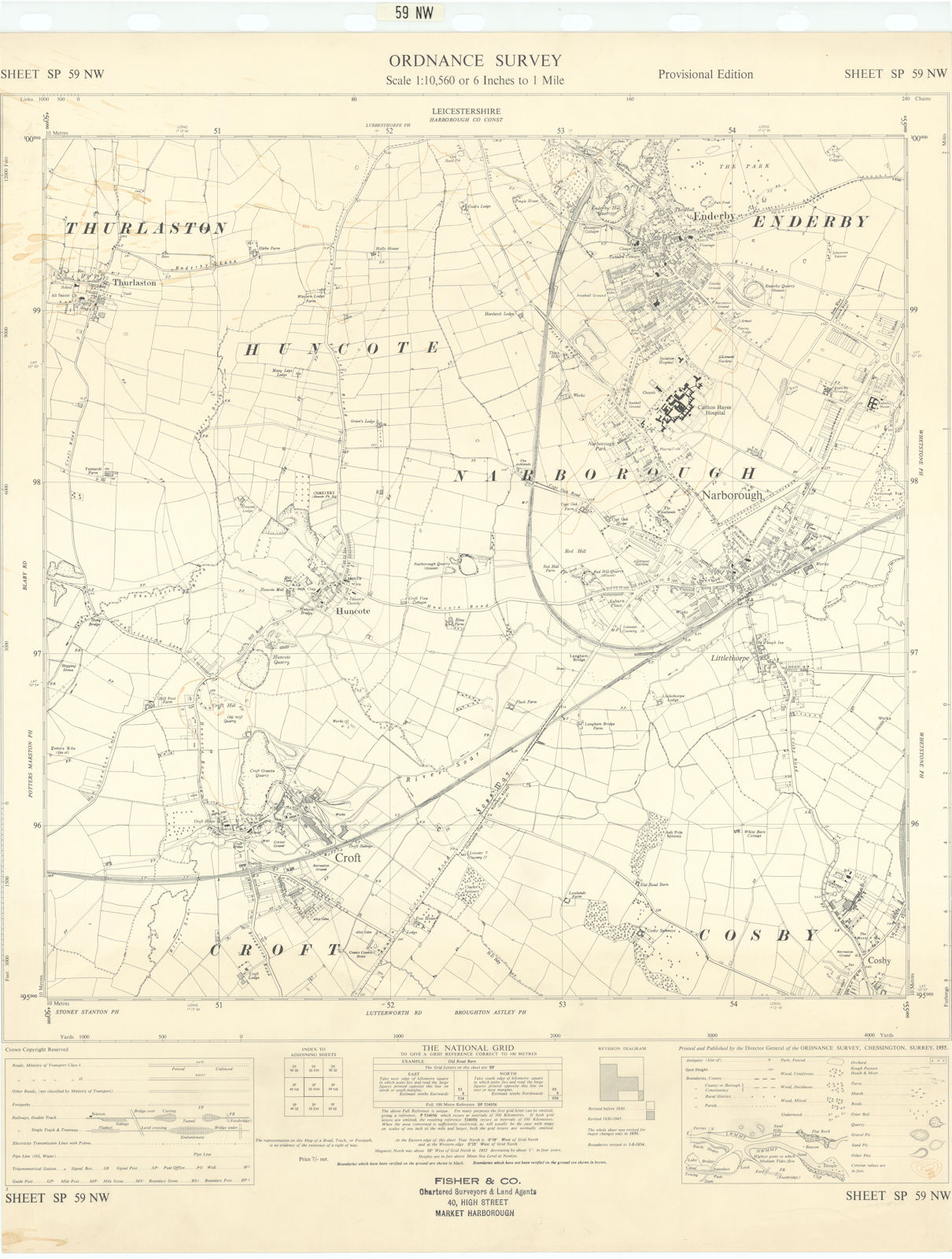 Ordnance Survey SP59NW Leics Enderby Narborrough Croft Thurlaston Cosby 1955 map