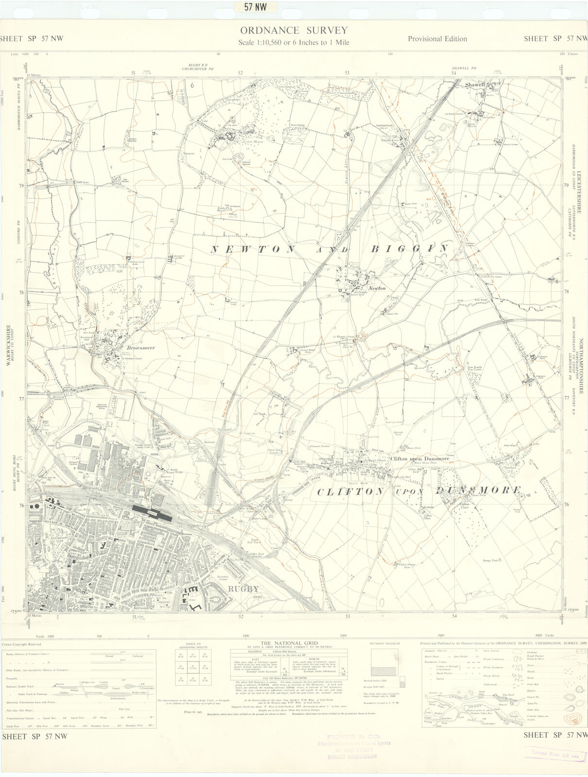 Ordnance Survey SP57NW Warwickshire Rugby Clifton upon Dunsmore Newton 1955 map