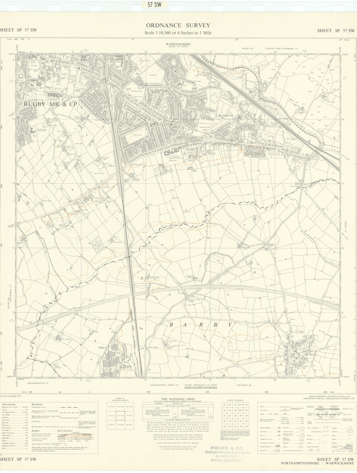 Ordnance Survey Sheet SP57SW Warwichshire Rugby Hillmorton Barby 1967 old map