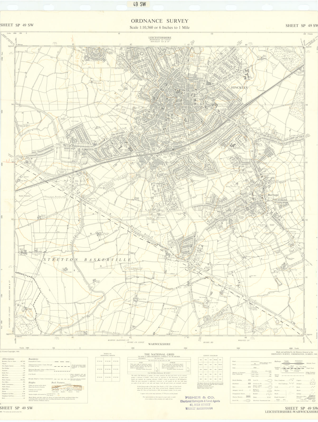 Associate Product Ordnance Survey Sheet SP49SW Leicestershire Hinckley Burbage 1968 old map