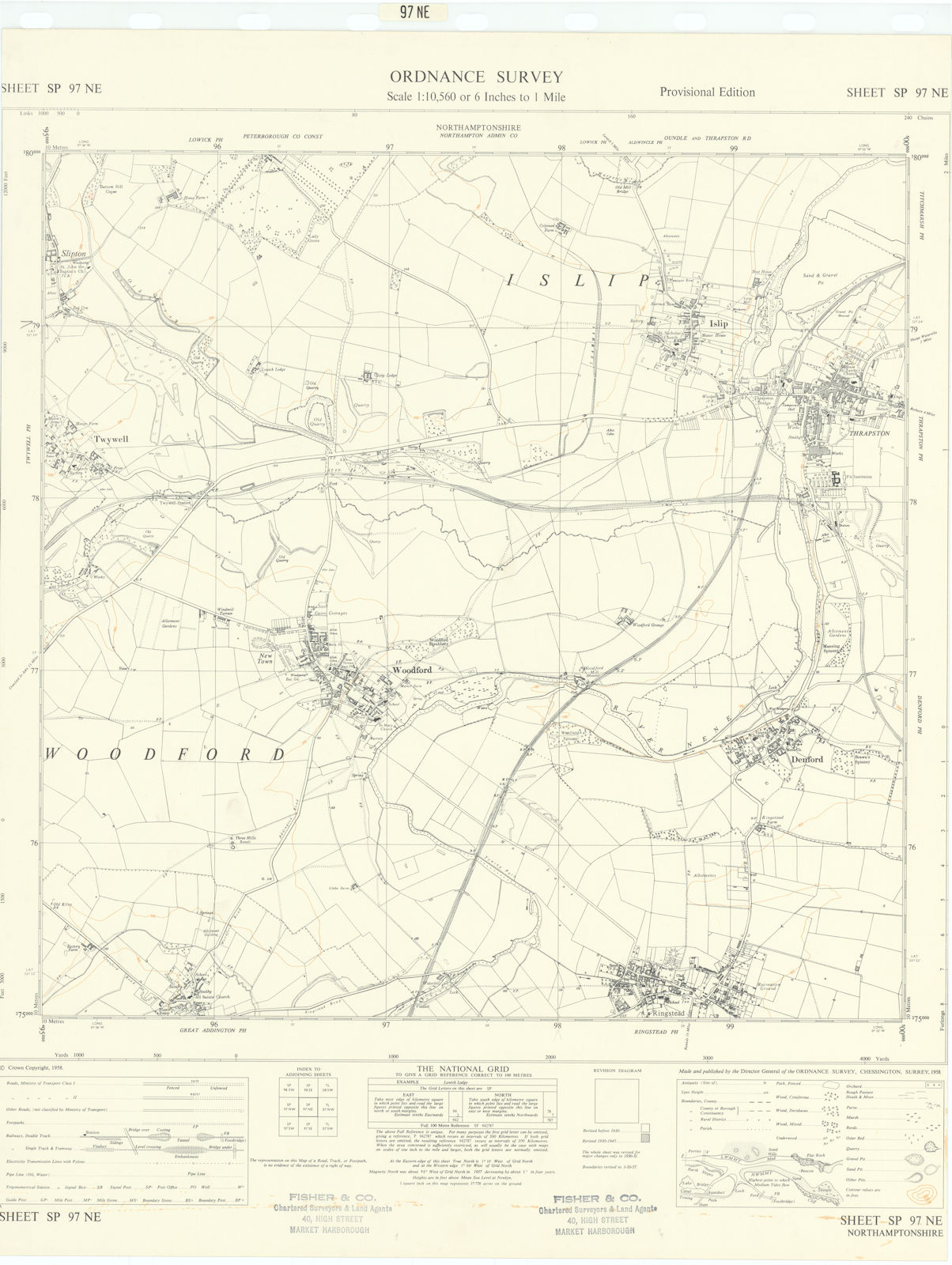 Ordnance Survey SP97NE Northants Thrapston Woodford Ringstead Denford 1958 map