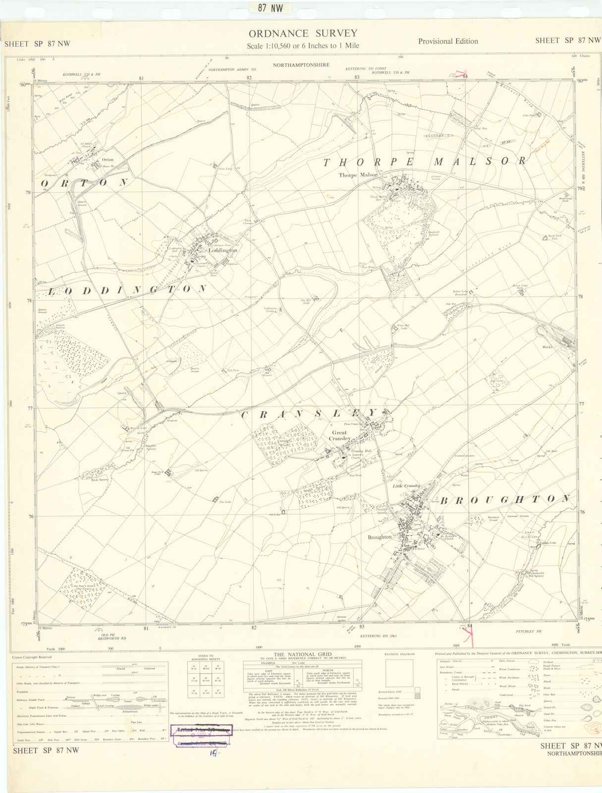 Ordnance Survey SP87NW Northants Broughton Thorpe Malson Loddington 1958 map