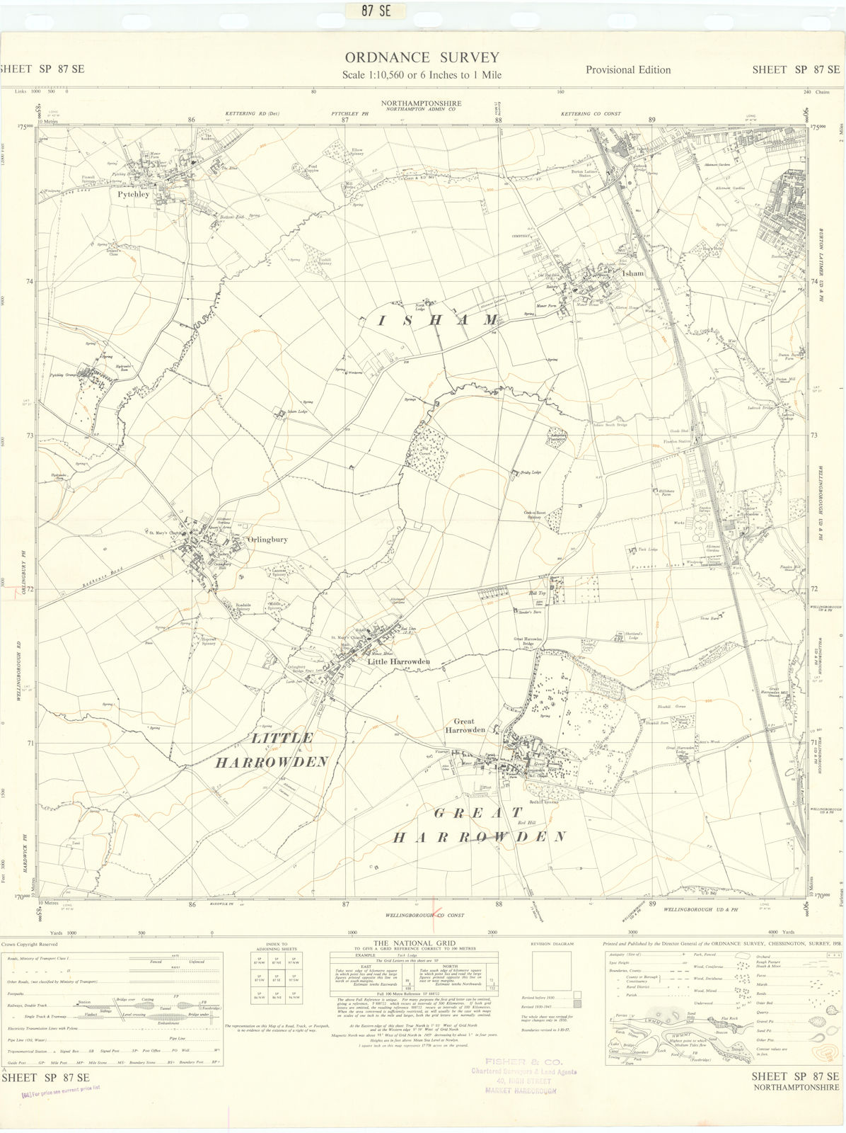 Associate Product Ordnance Survey SP87SE Northants Pytchley Orlingbury Harrowden Isham 1958 map