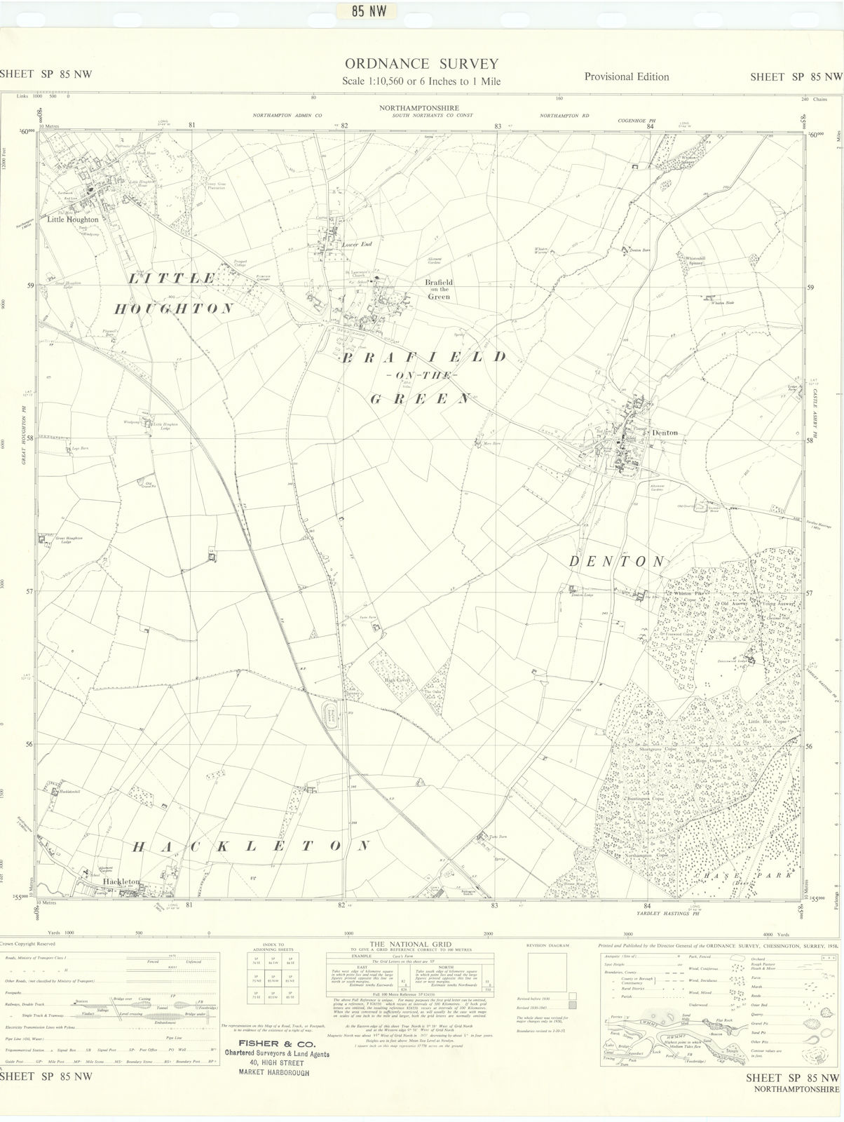 Ordnance Survey SP85NW Northants Little Houghton Denton Brafield/Green 1958 map