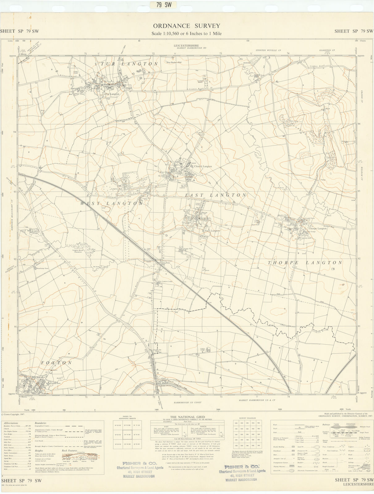 Ordnance Survey SP79SW Leics Foxton Tur East West Thorpe Langton 1967 old map