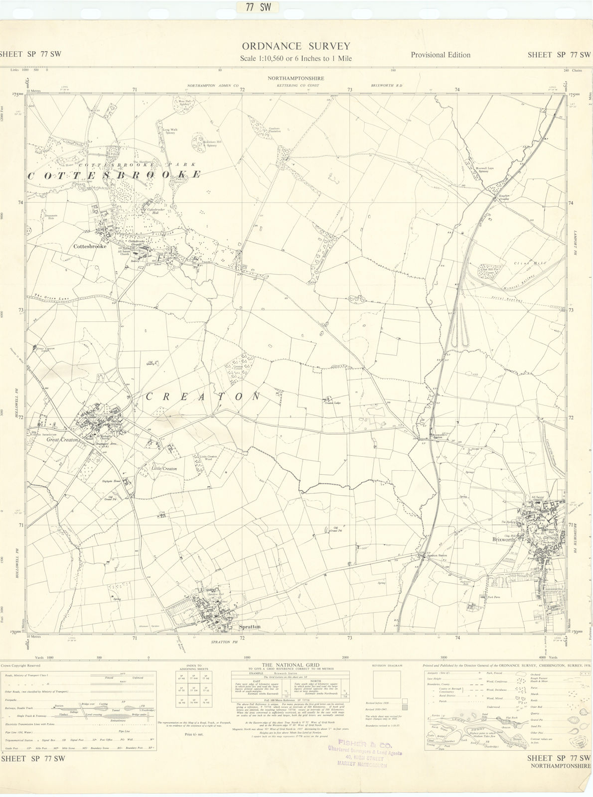 Ordnance Survey SP77SW Northants Brixworth Spratton Creaton Cottesbroke 1958 map