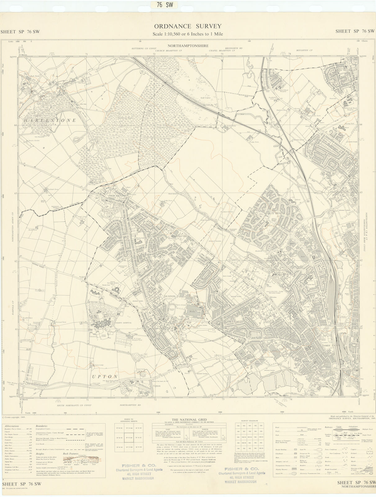 Ordnance Survey SP76SW Northampton NW Kings Heath Duston Harlestone 1969 map