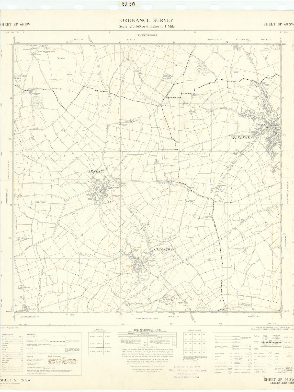 Ordnance Survey Sheet SP69SW Northamptonshire Fleckney Arnesby Shearsby 1967 map