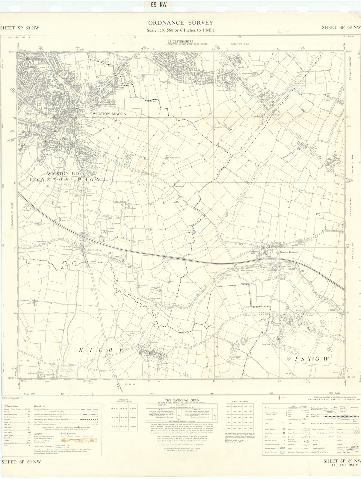 Ordnance Survey SP69NW Leics Wigston Magna Kilby Newton Harcourt 1966 old map