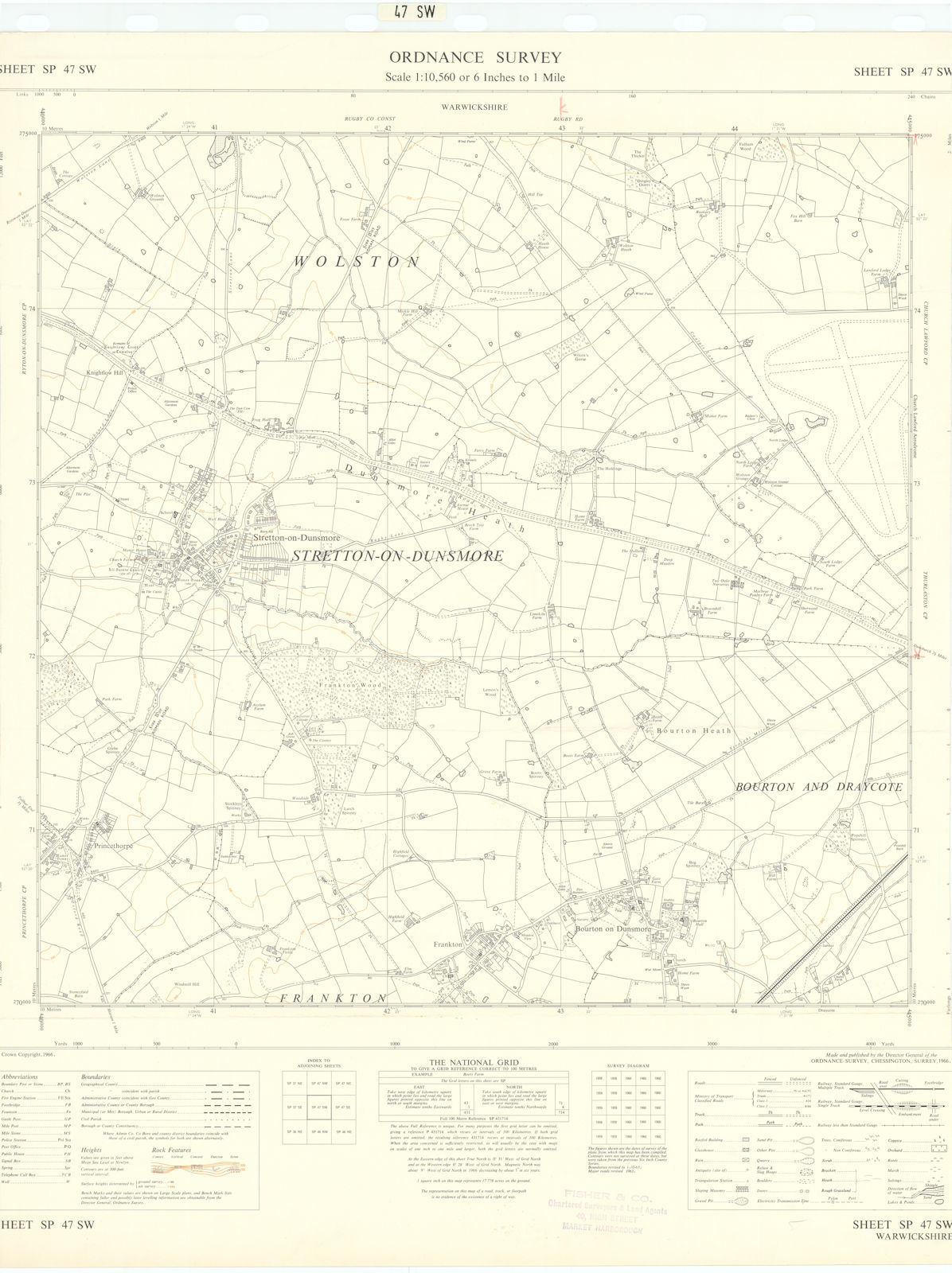 Associate Product Ordnance Survey SP47SW Warks Bourton/Stretton-on-Dunsmore Frankton 1966 map