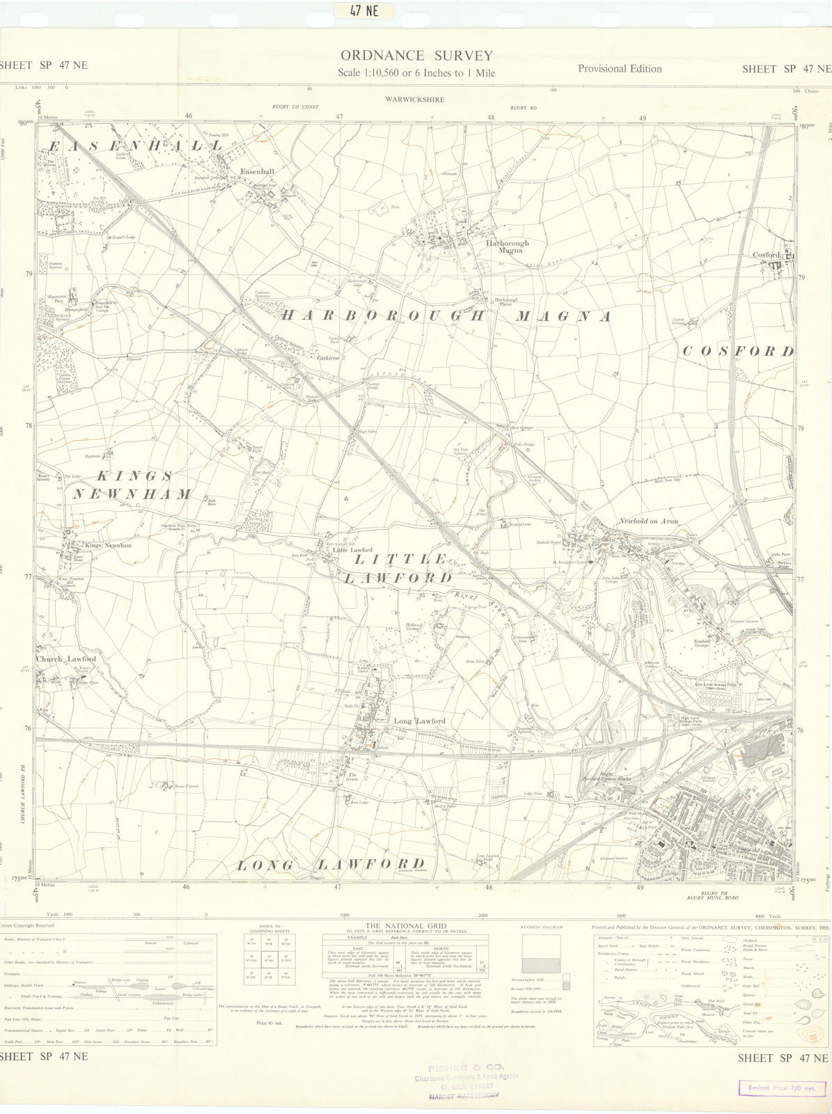 Associate Product Ordnance Survey SP47NE Warks Rugby Newbold/Avon Long Lawford Harborough 1955 map