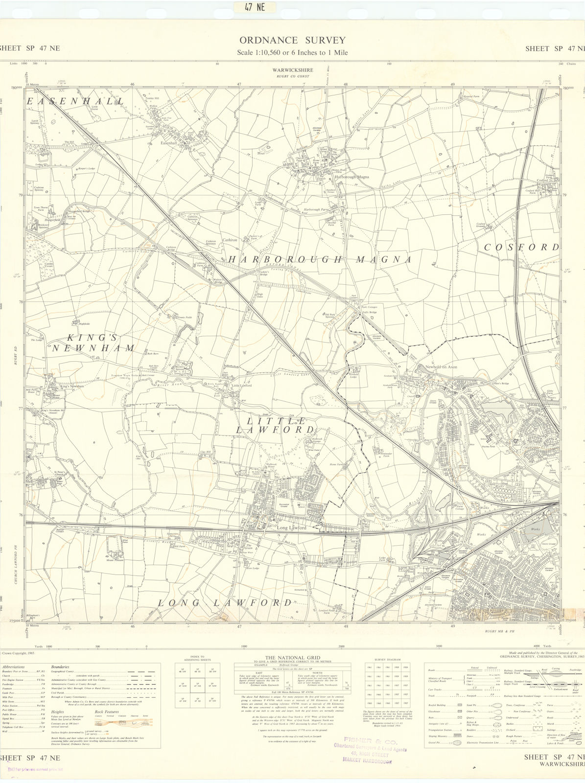 Associate Product Ordnance Survey SP47NE Warks Rugby Newbold/Avon Long Lawford Harborough 1965 map