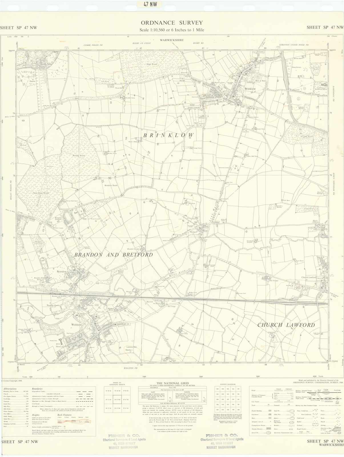 Ordnance Survey SP47NW Warks Wolston Brinklow Brandon Church Lawford 1966 map