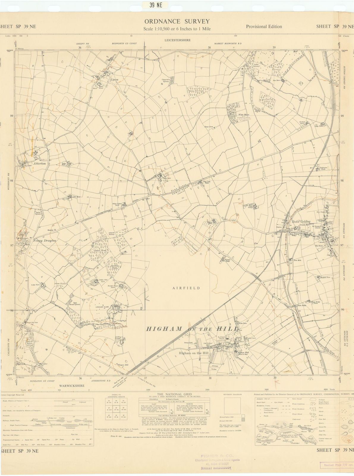 Ordnance Survey SP39NE Leics Higham/Hill Stoke Golding Fenny Drayton 1955 map