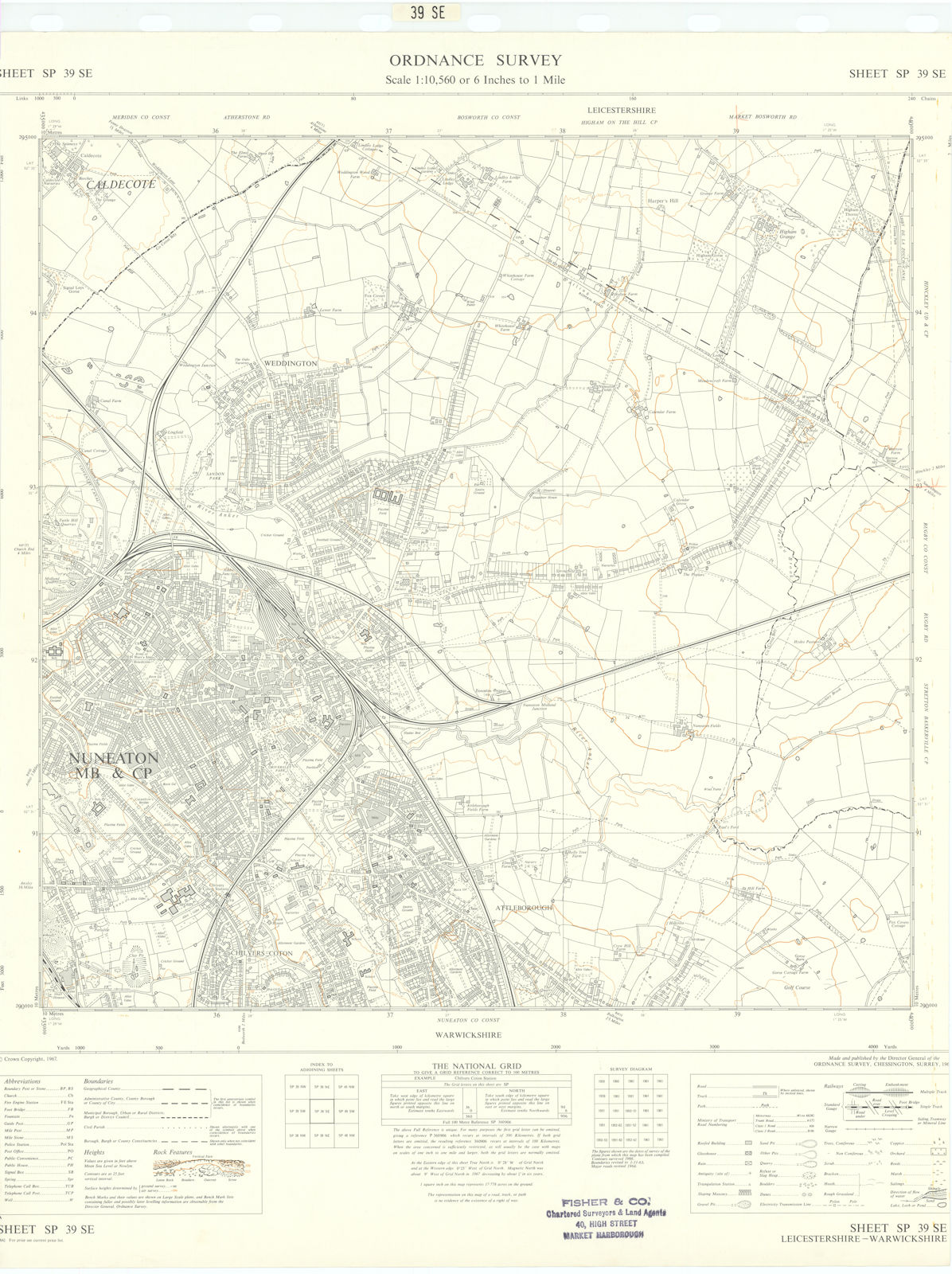 Associate Product Ordnance Survey SP39SE Leicestershire Numeaton Weddington Caldecote 1967 map