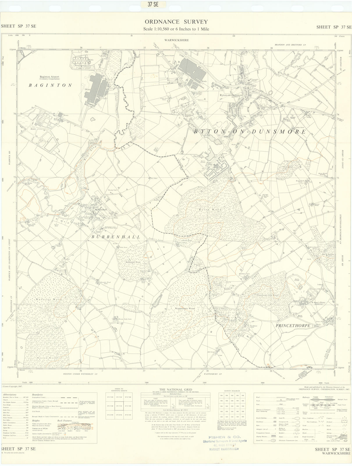 Ordnance Survey SP37SE Coventry Ryton on Dunsmore Bubbenhall Baginton 1967 map