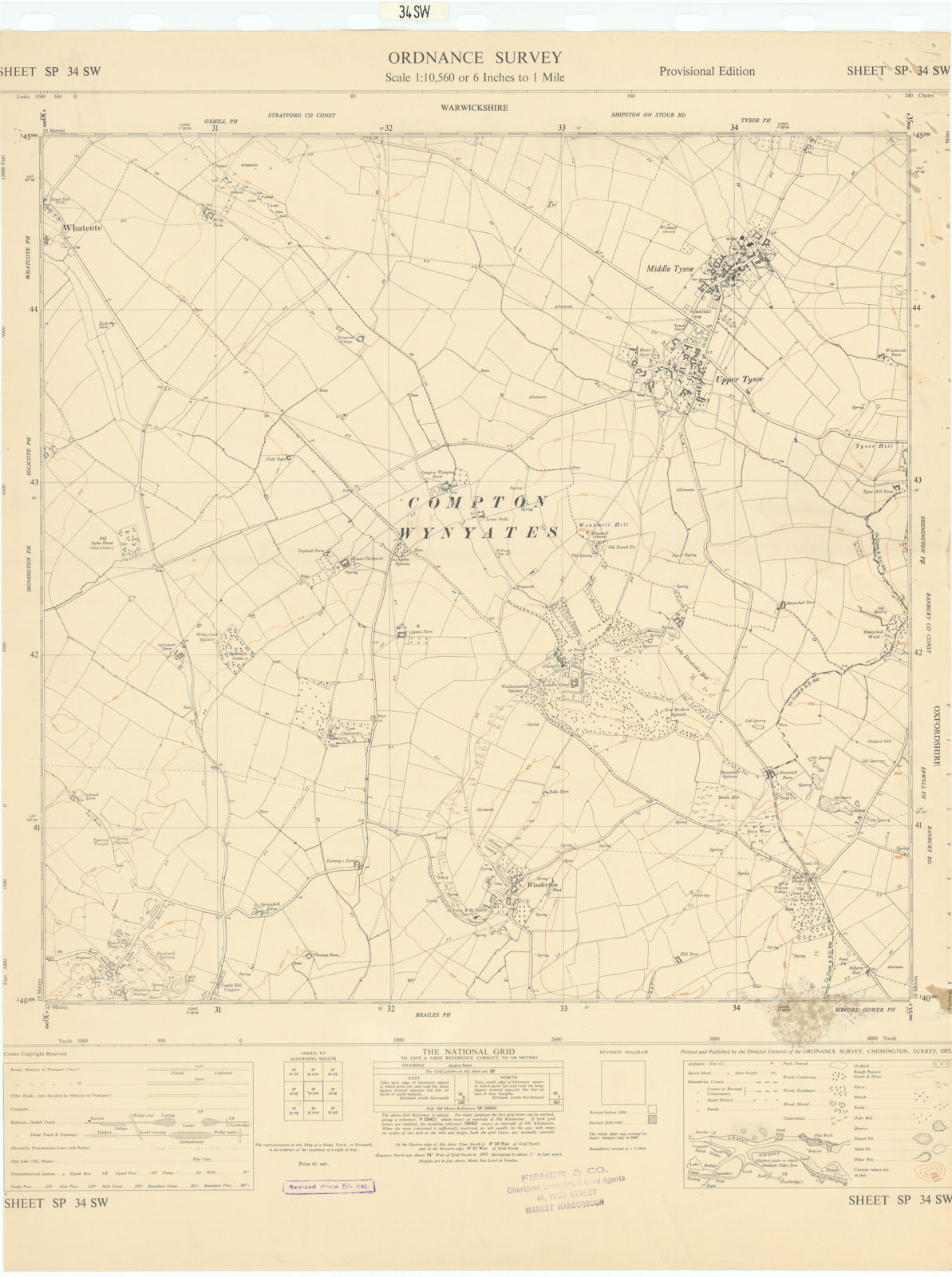 Associate Product Ordnance Survey Sheet SP34SW Warwickshire Tysoe Winderton 1955 old vintage map