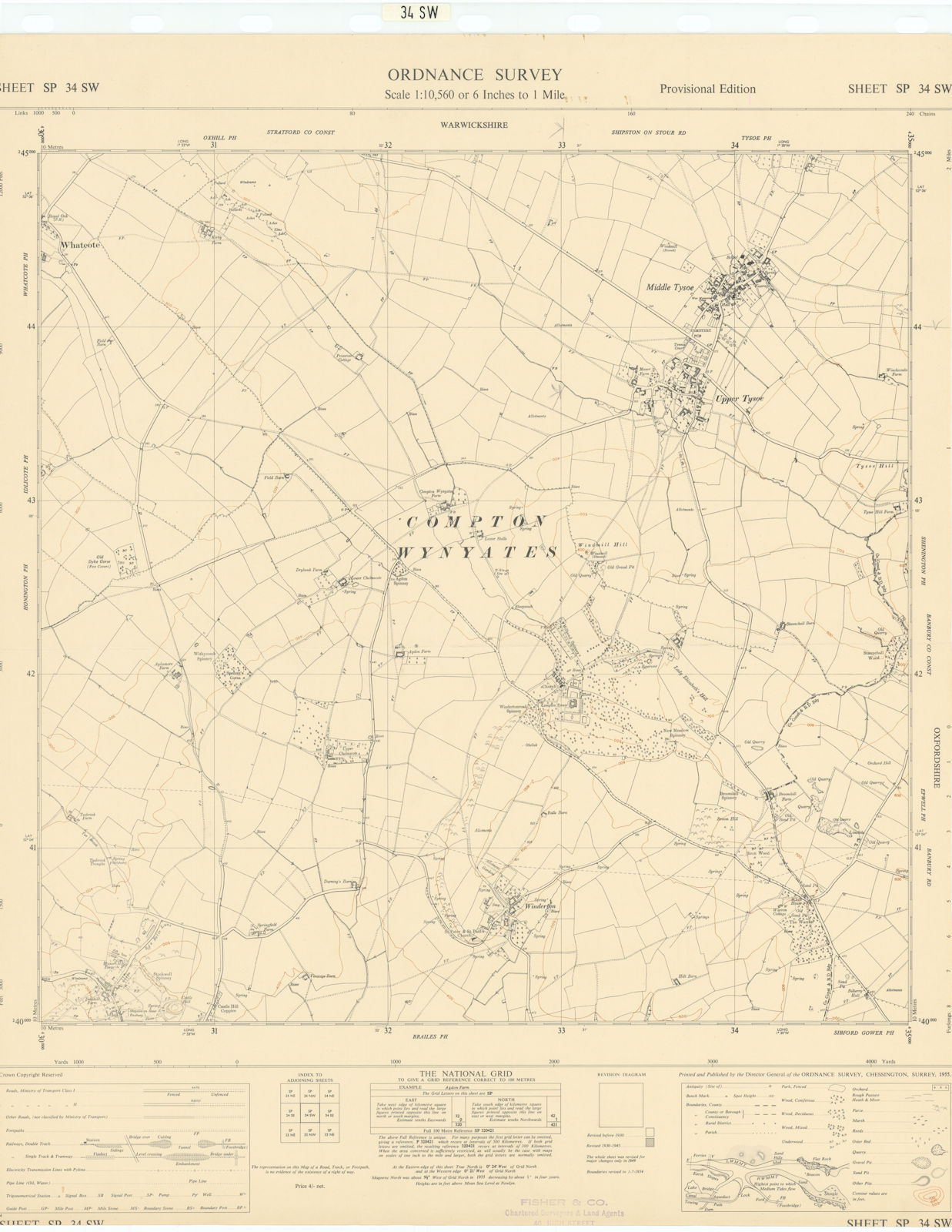 Ordnance Survey Sheet SP34SW Warwickshire Tysoe Winderton 1955 old vintage map