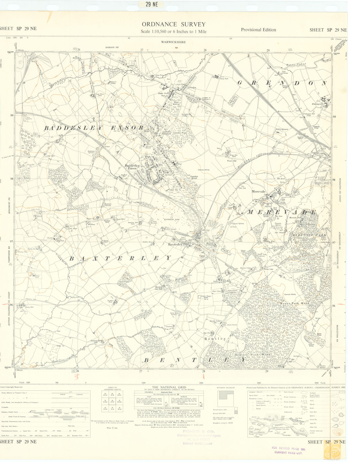 Ordnance Survey SP29NE Warwickshire Baddesley Ensor Baxterley Merevale  1955 map