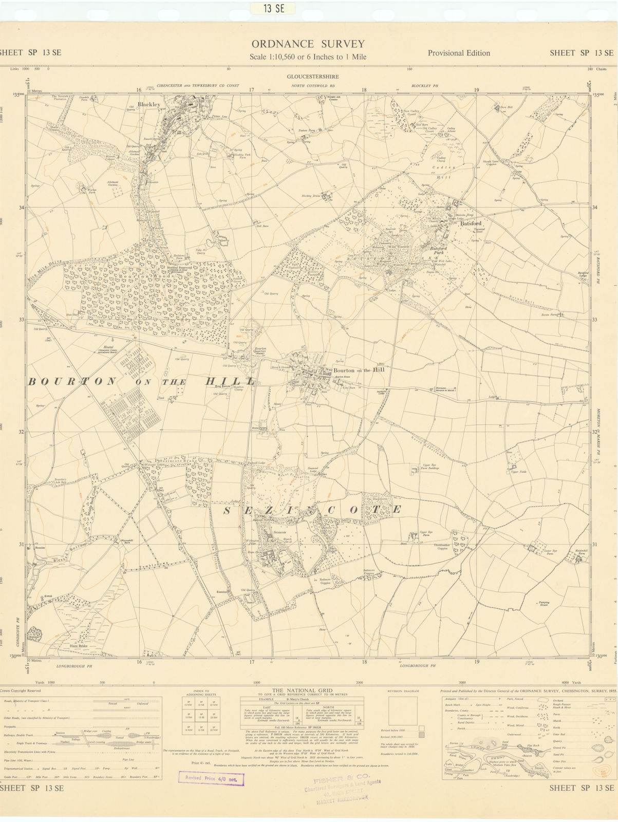 Ordnance Survey SP13SE Cotswolds Bourton-on-the-Hill Blockley Batsford 1955 map