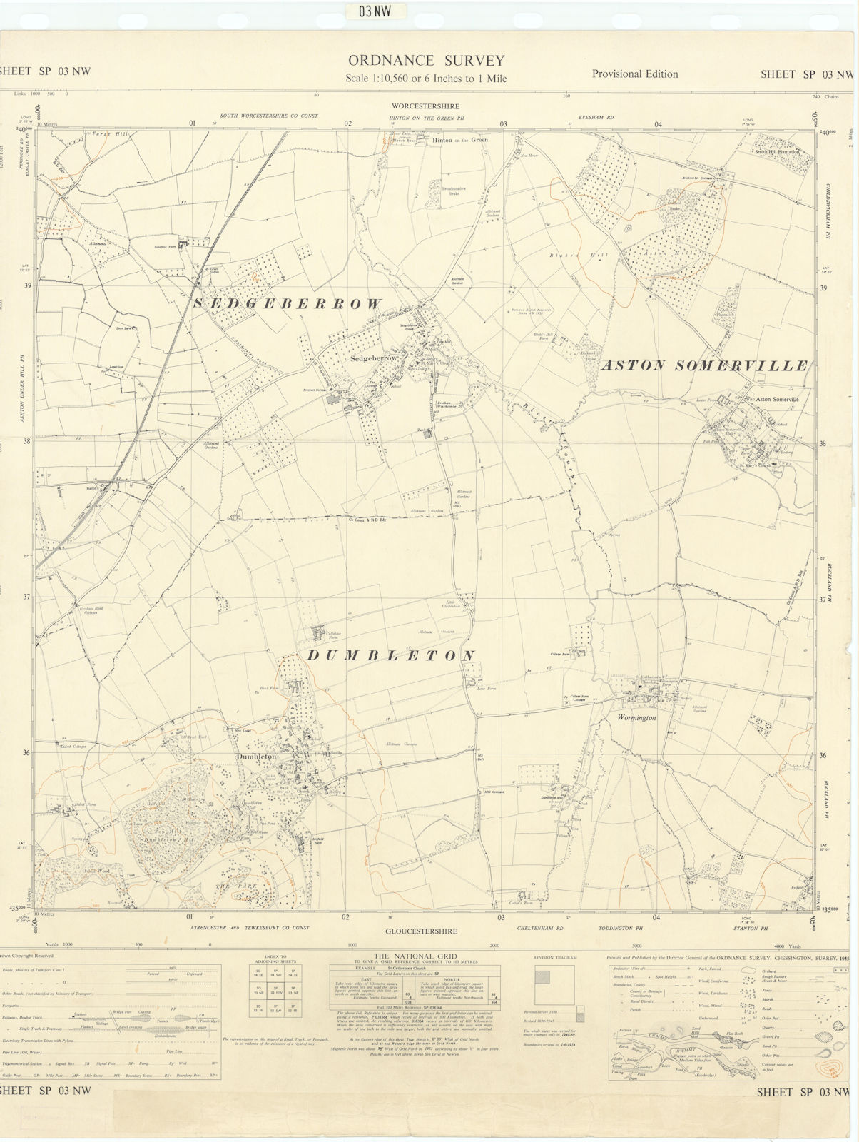 Associate Product Ordnance Survey SP03NW Worcs Aston Somerville Dumbleton Sedgeberrow 1955 map
