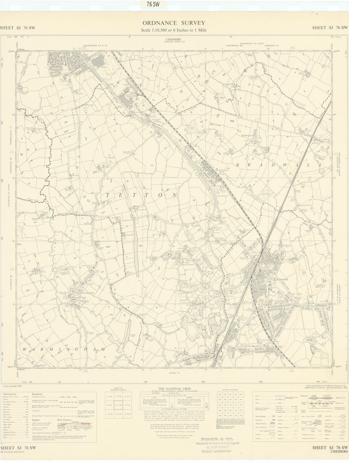 Ordnance Survey Sheet SJ76SW Cheshire Elworth Middlewich Warmingham 1969 map