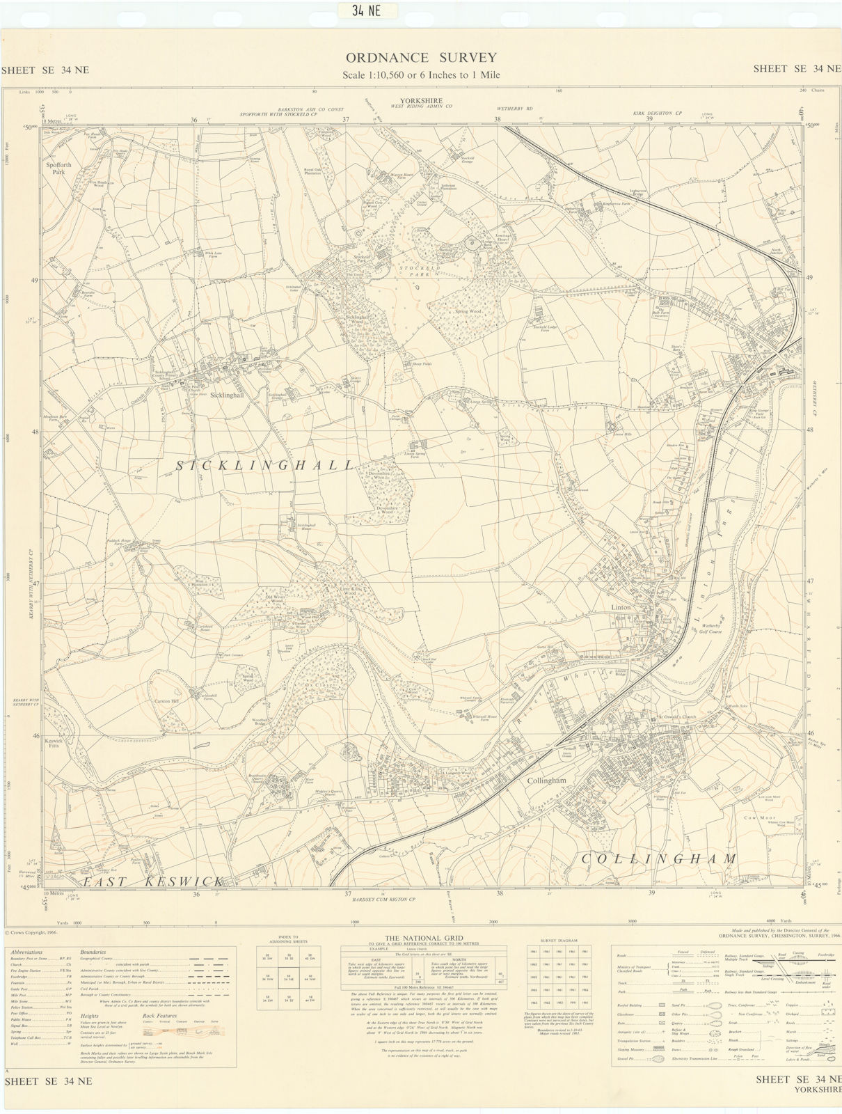 Ordnance Survey SE34NE Yorks Collingham Linton Sicklinghall Wetherby 1966 map