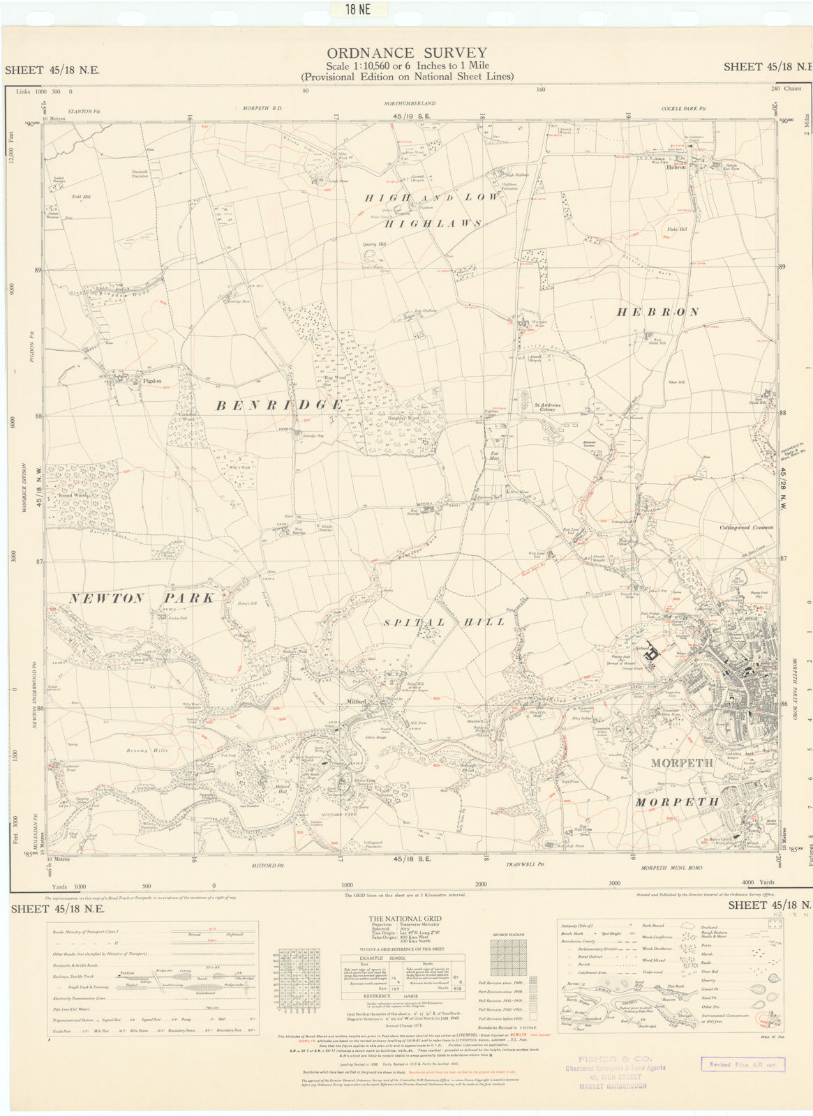 Ordnance Survey Sheet 45/18 N.E. Northumberland Morphet Mitford Hebron 1948 map