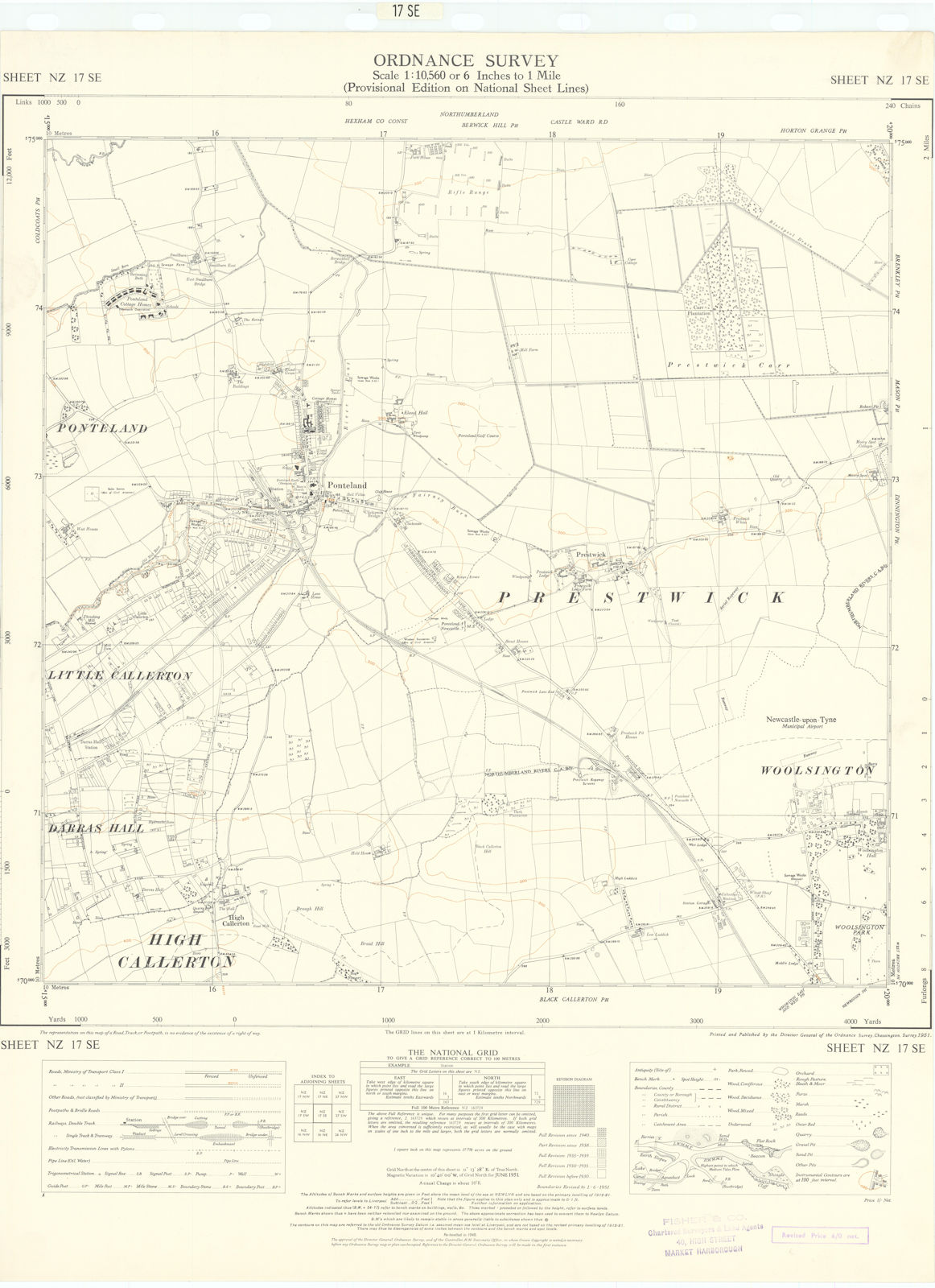 Ordnance Survey NZ17SE Northumbs Ponteland Callerton Woolsington 1951 old map