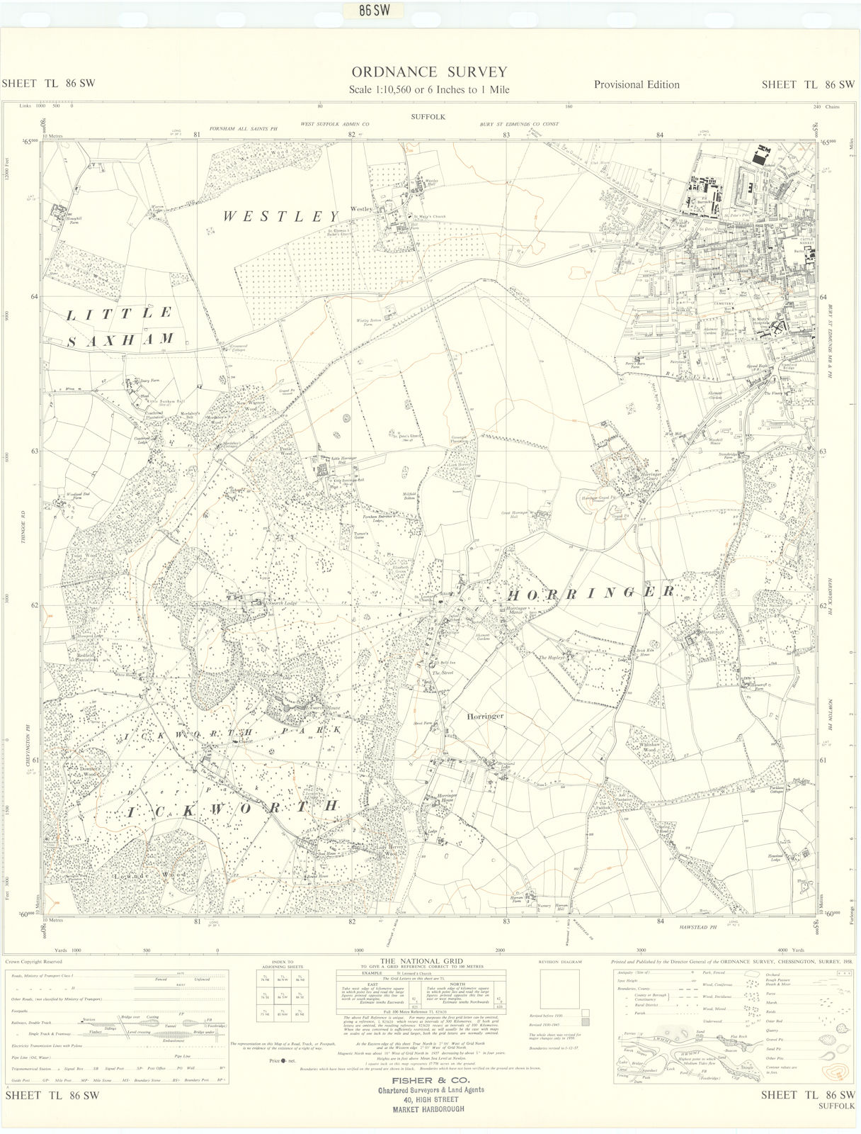Associate Product Ordnance Survey Sheet TL86SW Suffolk Bury St Edmunds Horringer Westley 1958 map