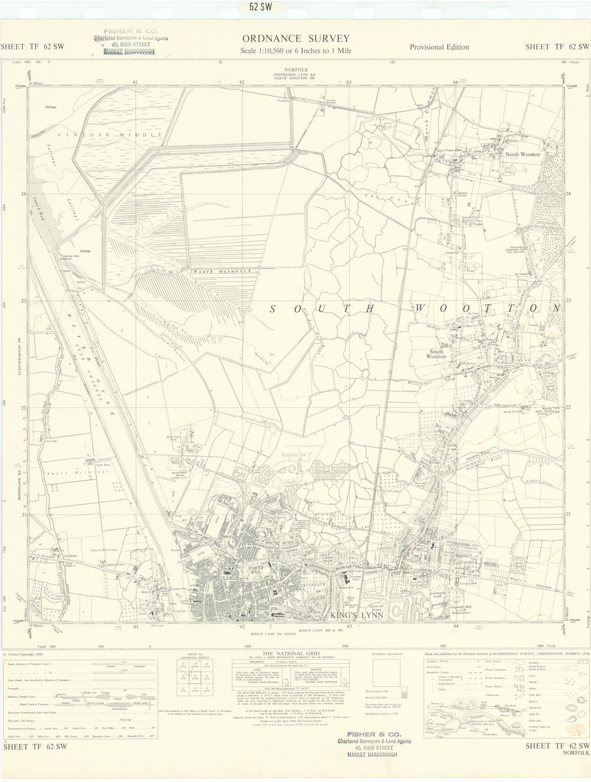 Ordnance Survey TF62SW Norfolk King's Lynn South Woottyon North Wooton 1958 map