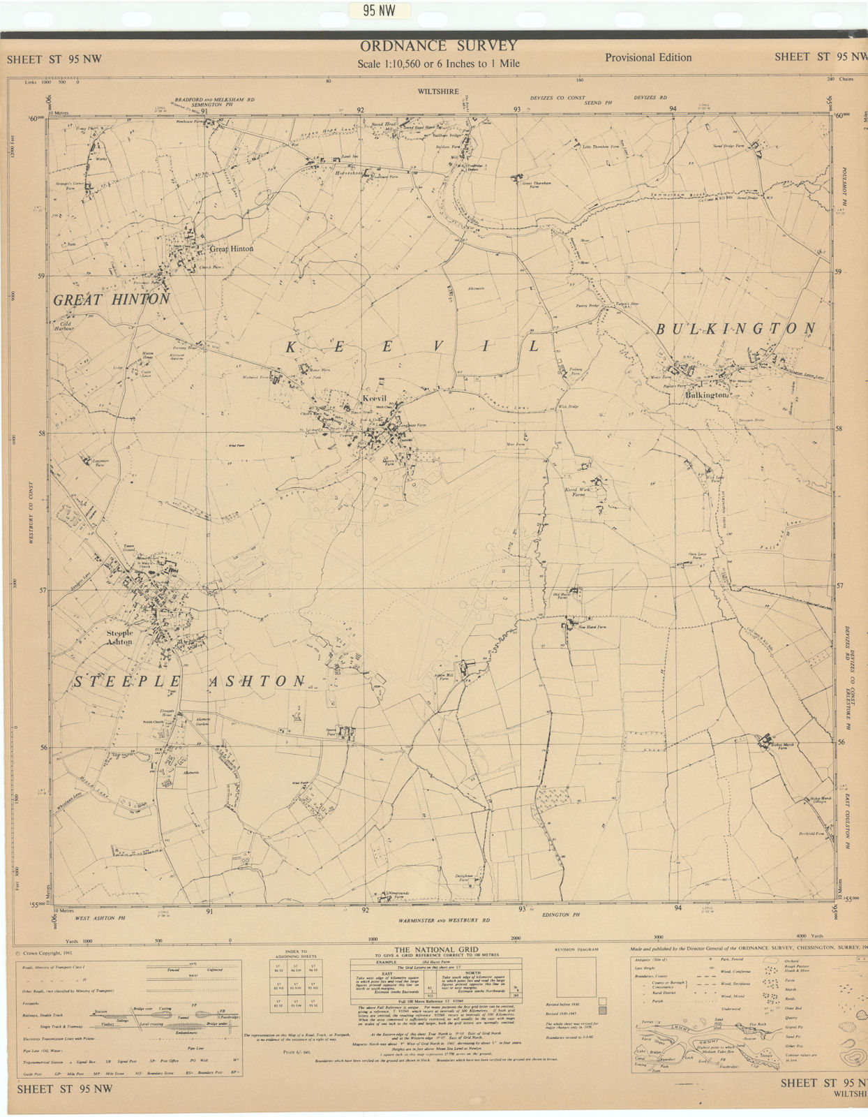 Ordnance Survey ST95NW Wiltshire Steeple Ashton Keevil Great Hinton 1961 map