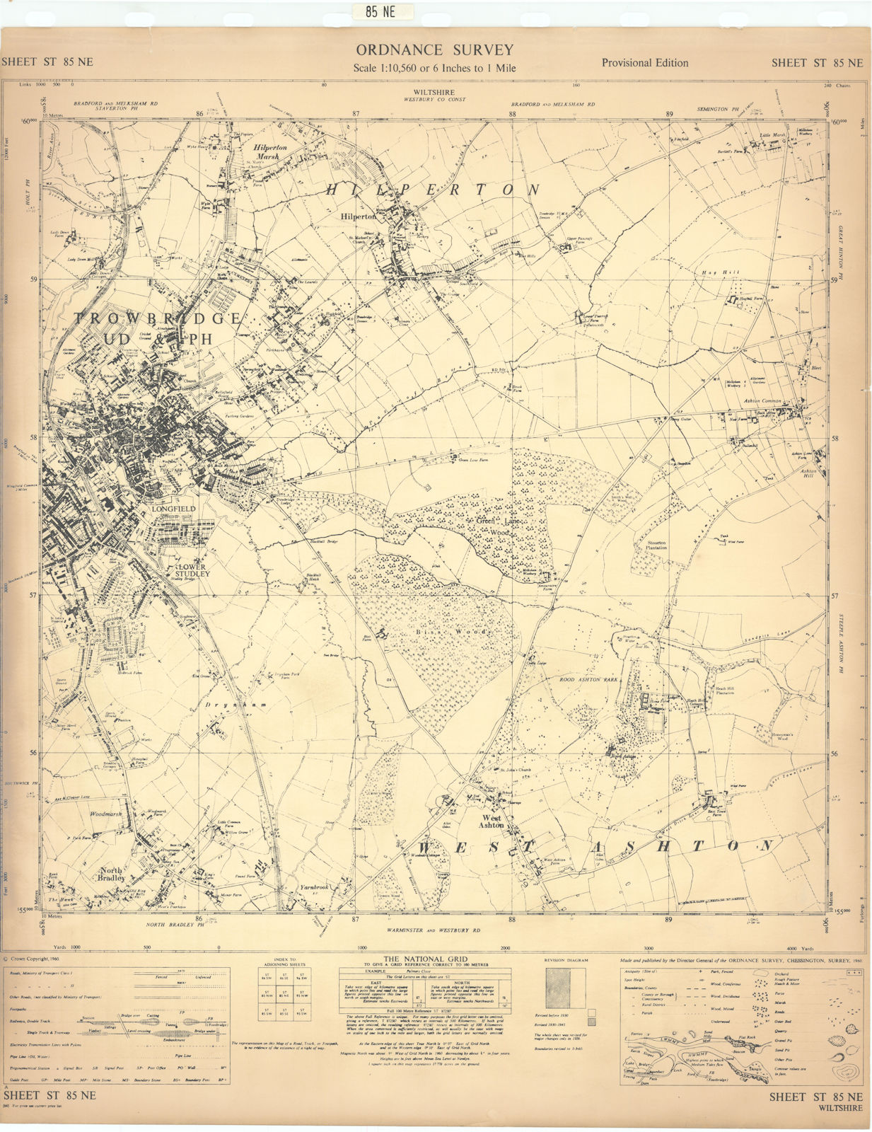 Associate Product Ordnance Survey ST85NE Wiltshire Trowbridge Hilperton North Bradley 1960 map
