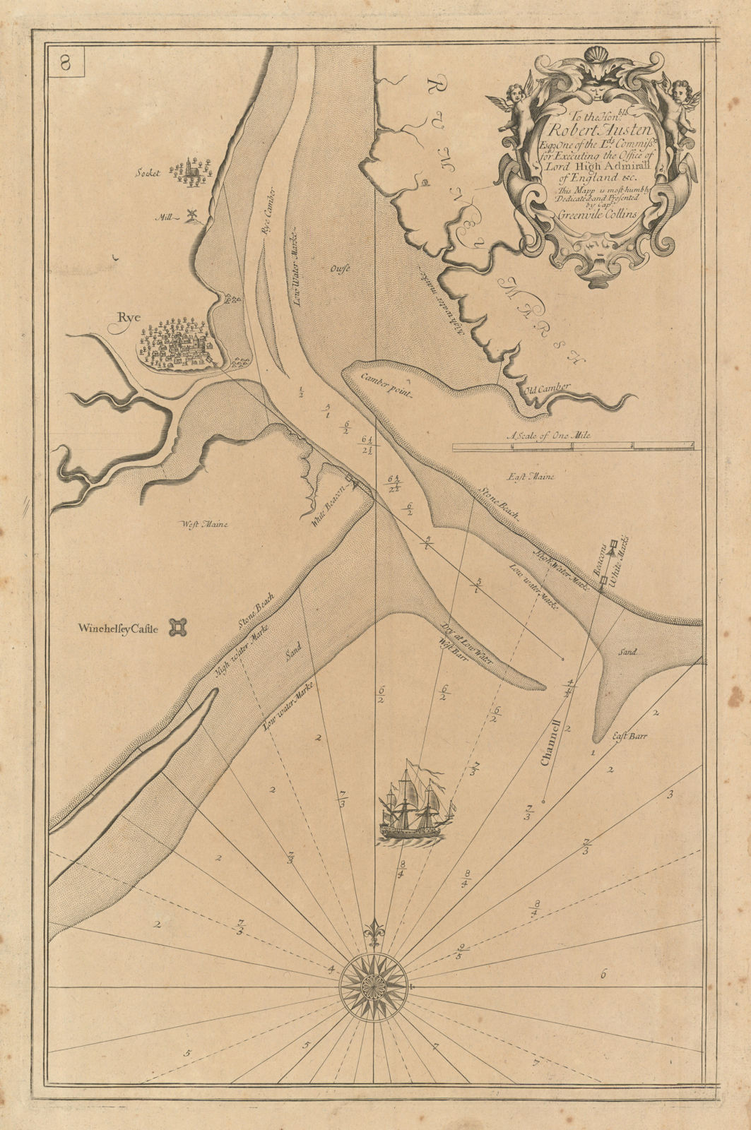 Rother Estuary, Rye & Winchelsea. Sea chart by Capt. Greenvile. COLLINS 1693 map