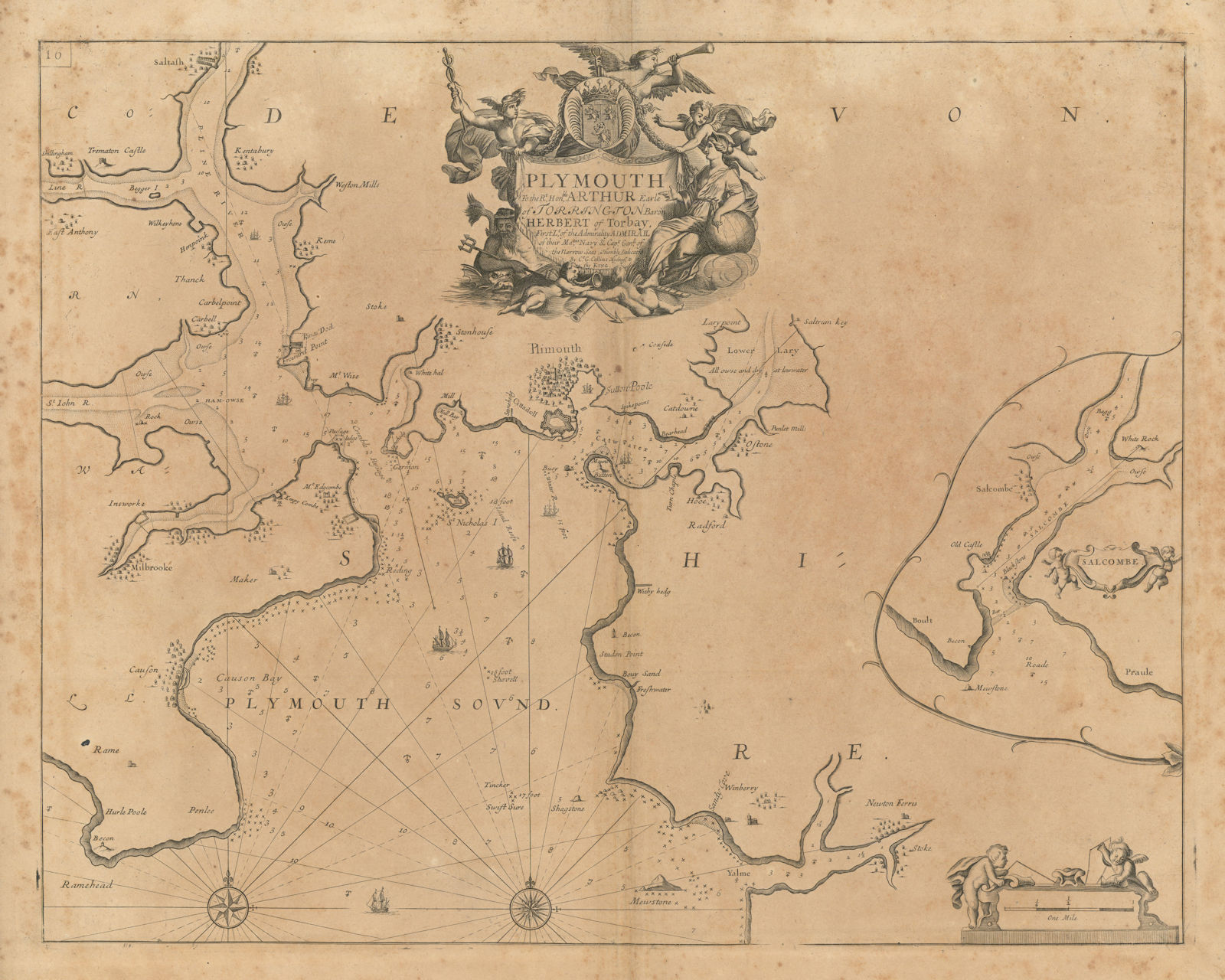 PLYMOUTH SOUND & SALCOMBE sea chart. Kingsbridge estuary. COLLINS 1693 old map