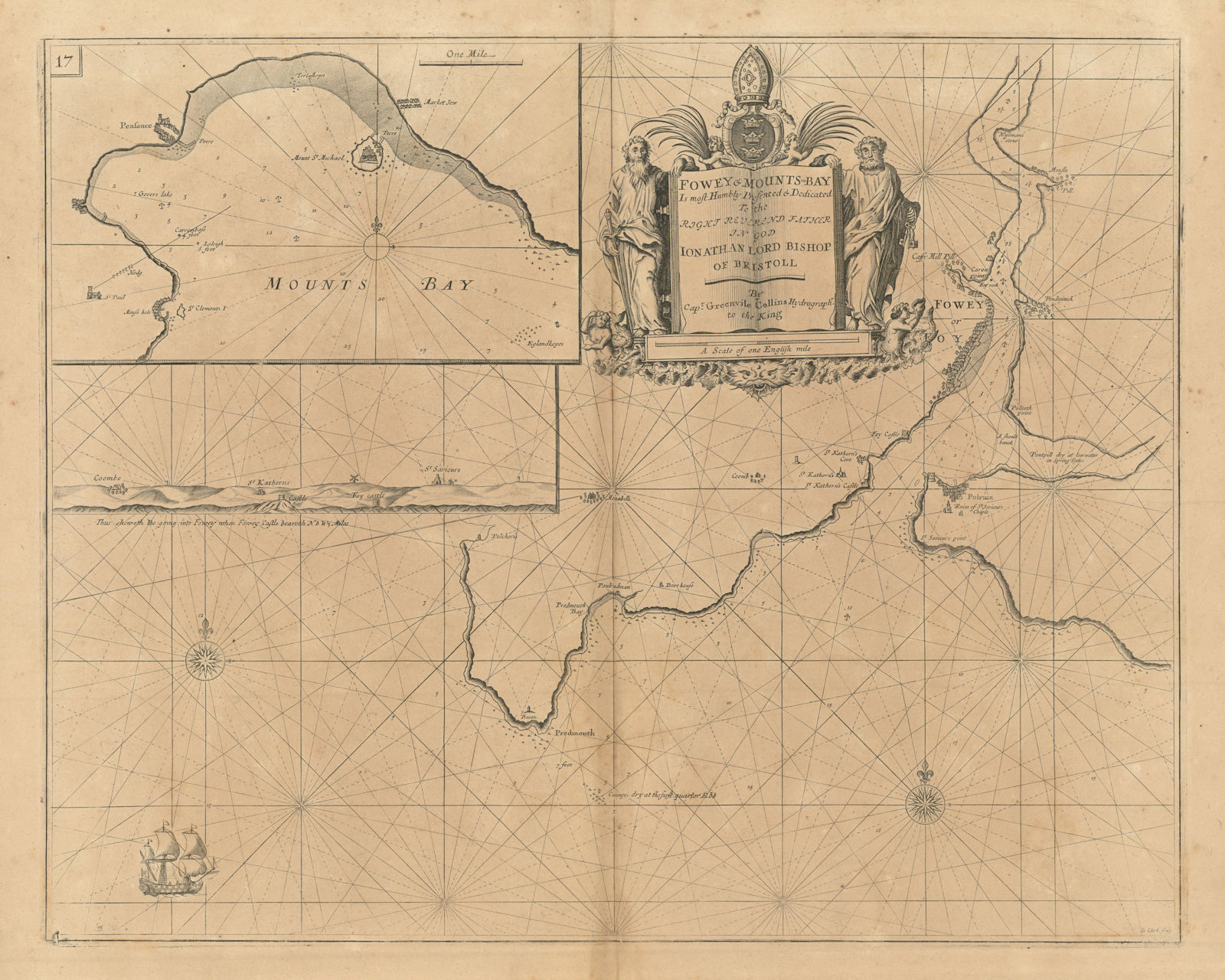 FOWEY & MOUNTS BAY sea chart. Polruan Bodinnick Penzance. COLLINS 1693 old map
