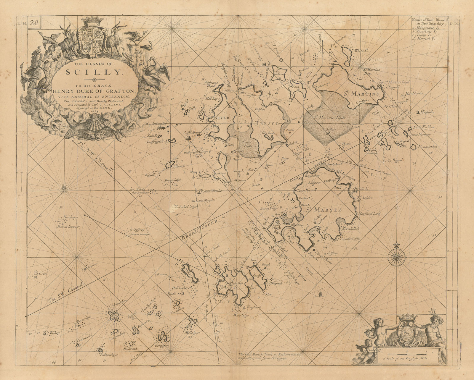 THE ISLANDS OF SCILLY sea chart by Captain Greenvile. COLLINS 1693 old map