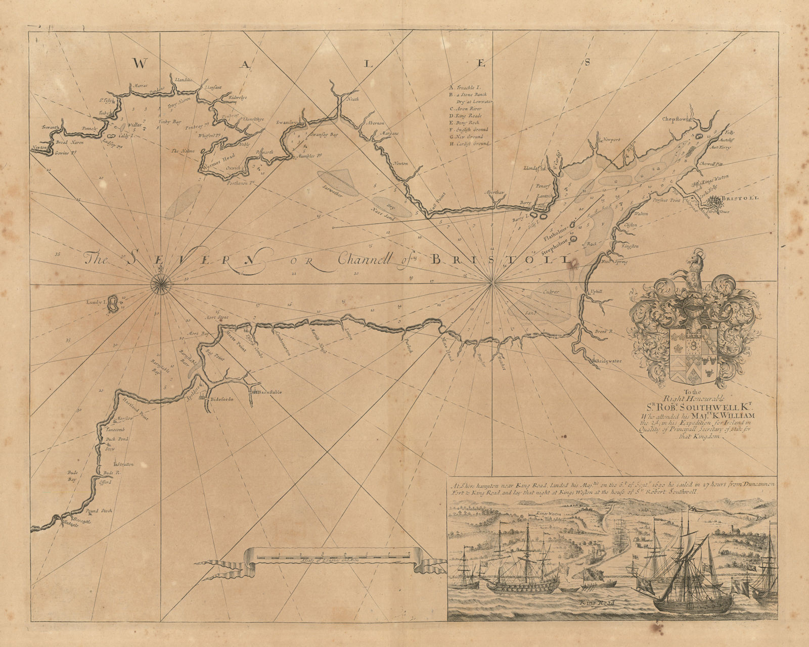 The Severn or Channell of Bristoll sea/estuary chart by Capt COLLINS 1693 map