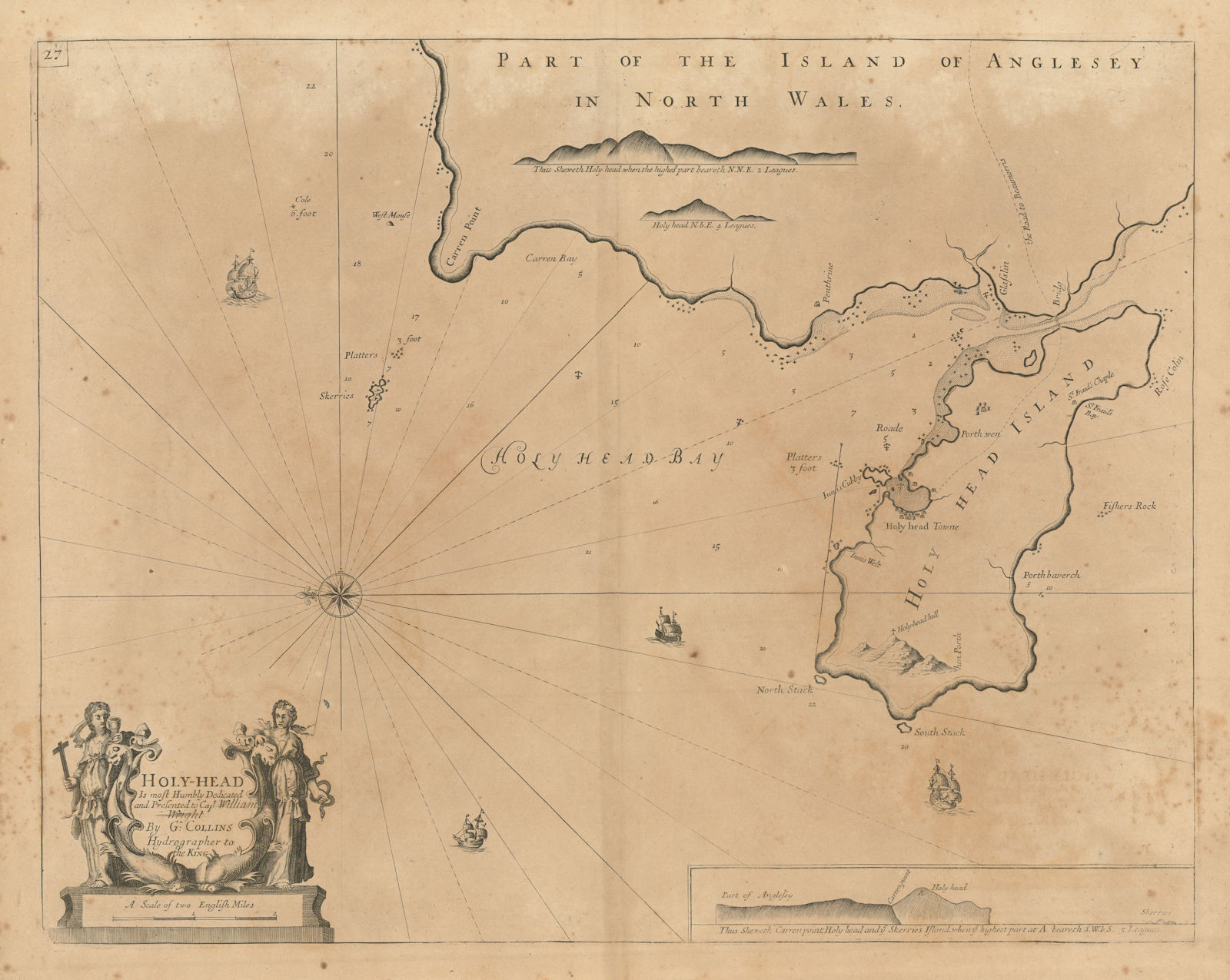 Holy-Head sea chart. Holy Island & HOLYHEAD, Anglesey. Capt. COLLINS 1693 map