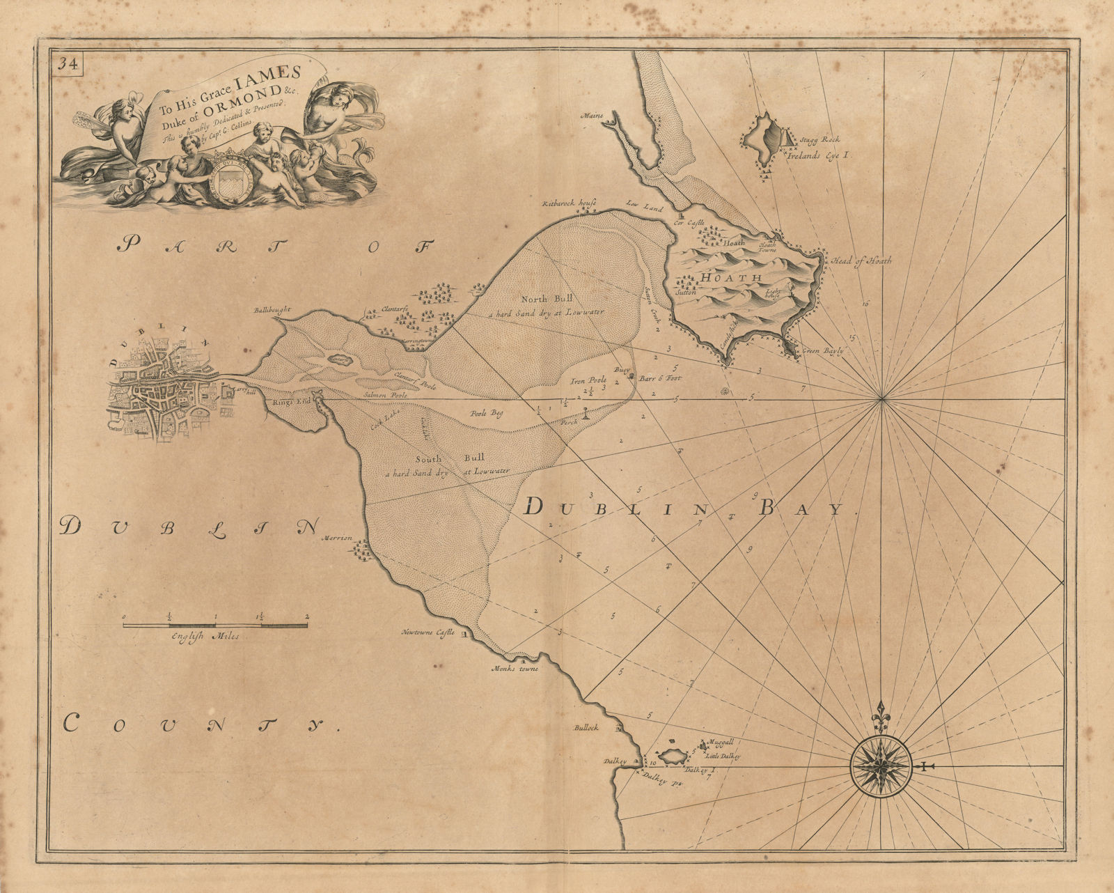 DUBLIN BAY sea chart. Howth Head Dalkey Clontarf Merrion. COLLINS 1693 old map