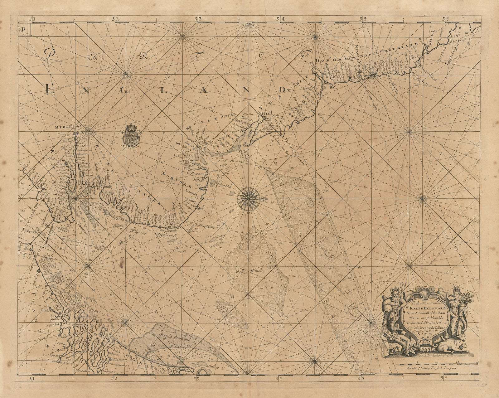 NORTH SEA coast chart. East coast of England Holland Flanders. COLLINS 1693 map
