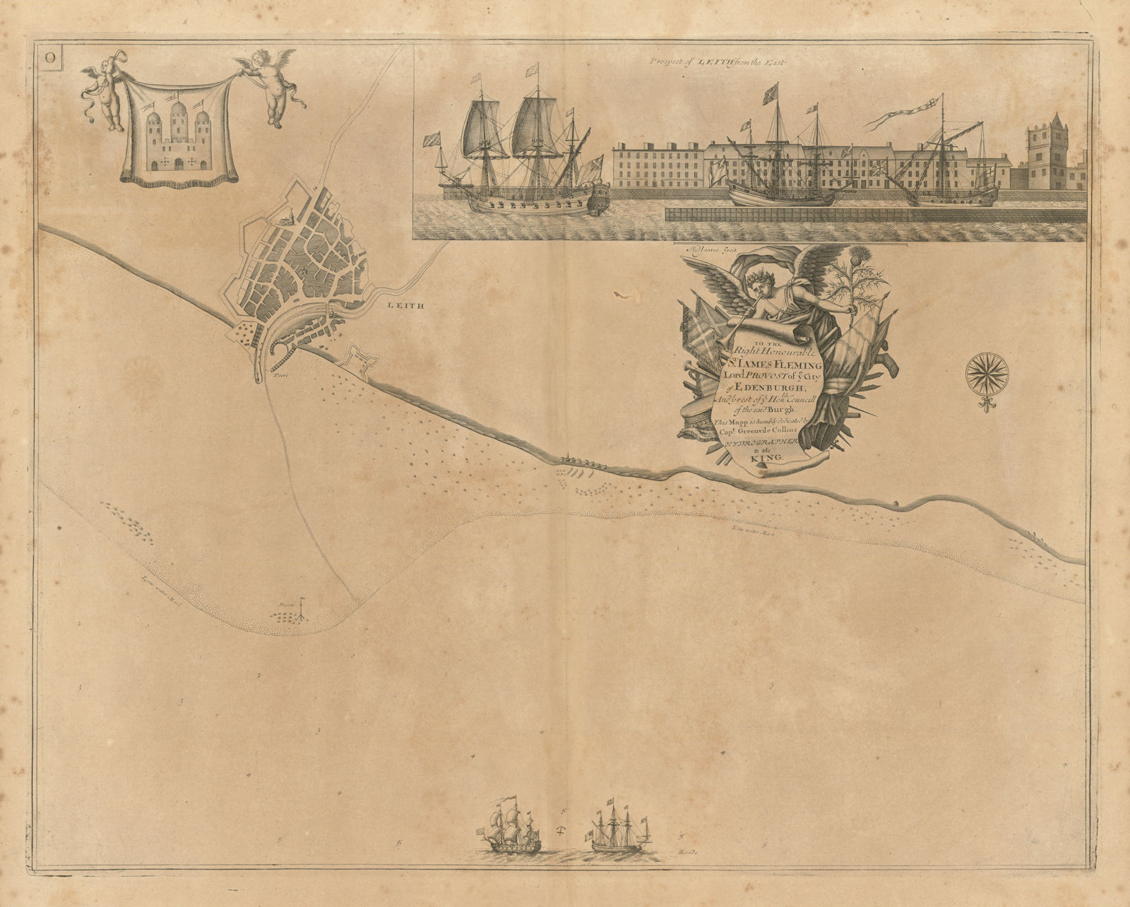 Navigation chart & view of LEITH, by Capt Greenvile COLLINS. Edinburgh 1693 map