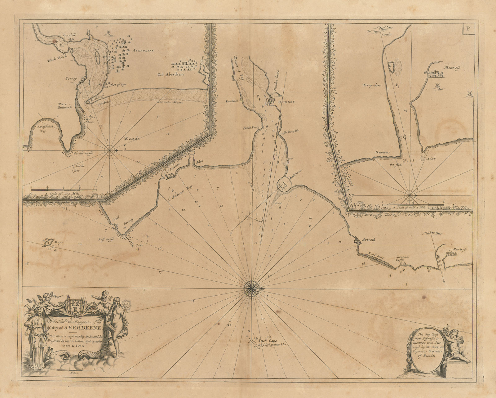 Associate Product Approaches to ABERDEEN, DUNDEE & MONTROSE sea chart. Tay. COLLINS 1693 old map