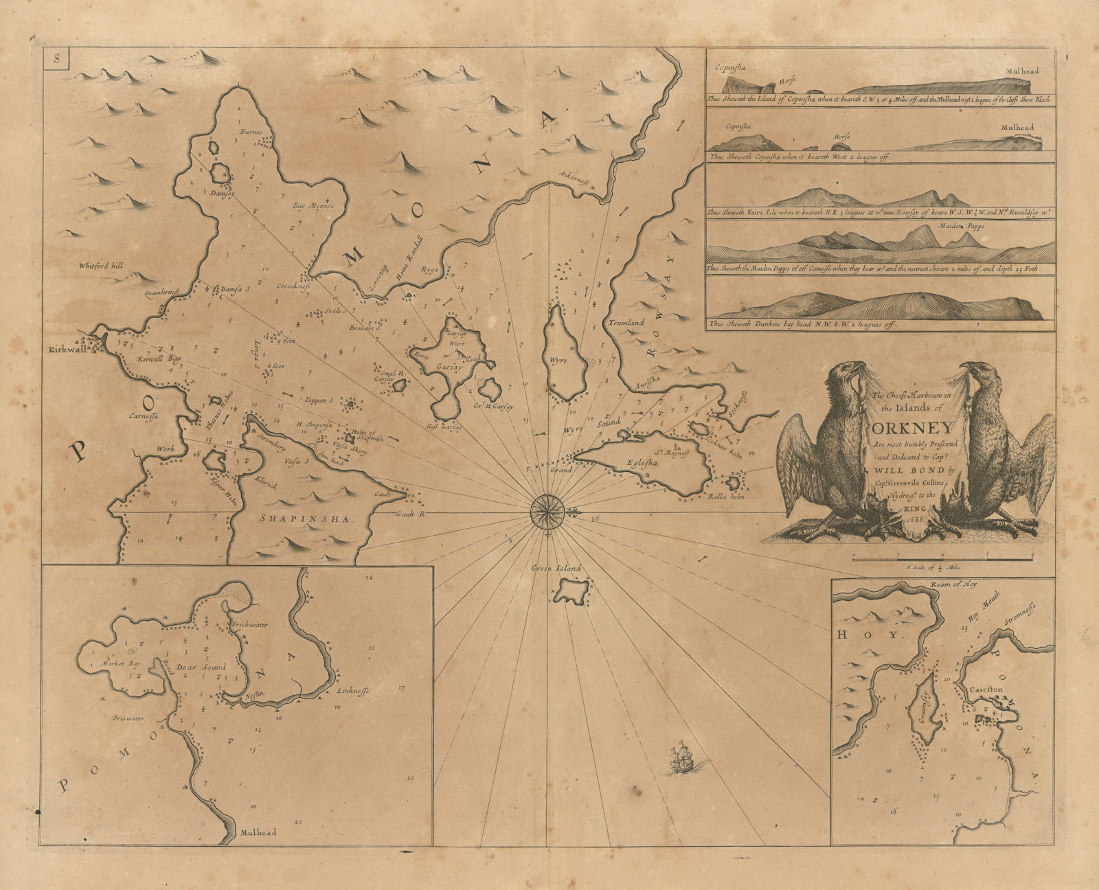 Chiefe Harbours in the Islands of Orkney sea chart. Kirkwall.COLLINS 1693 map