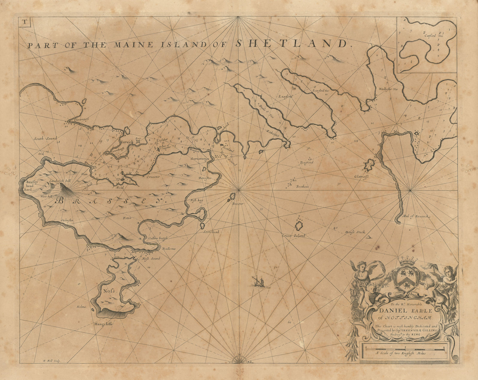 Part of the Maine Island of Shetland sea chart. Lerwick Bressay COLLINS 1693 map