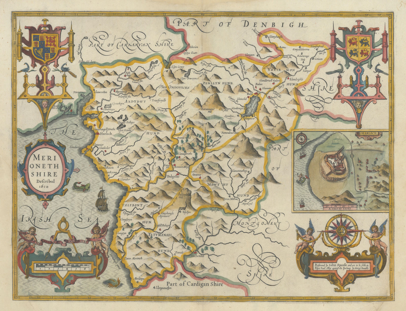 Merioneth Shire Described county map by John Speed. George Humble edition 1627